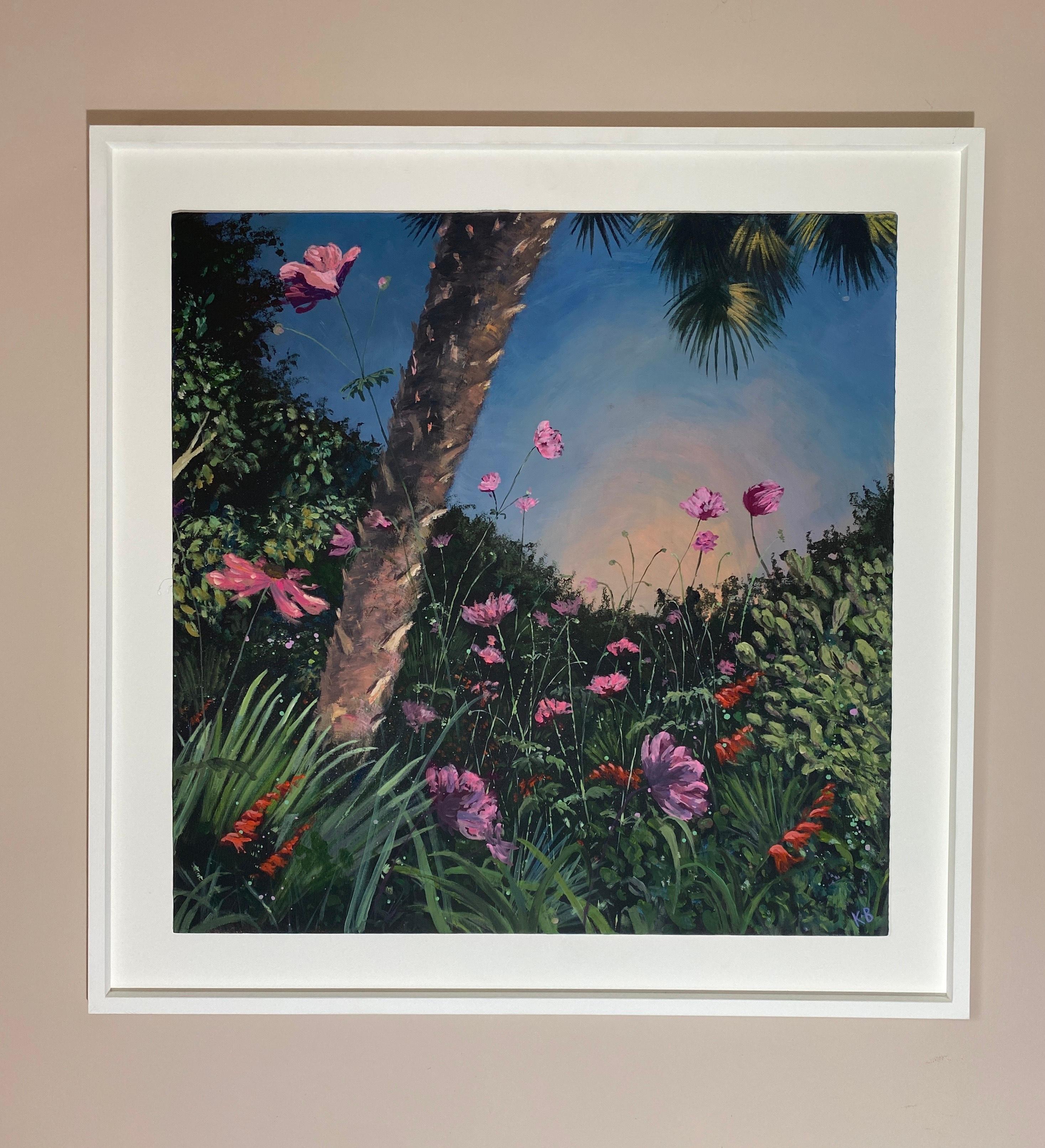 Anemone giapponese e palma al tramonto - Paesaggio, fiori, natura, campagna - Painting Contemporaneo di Katie Brent