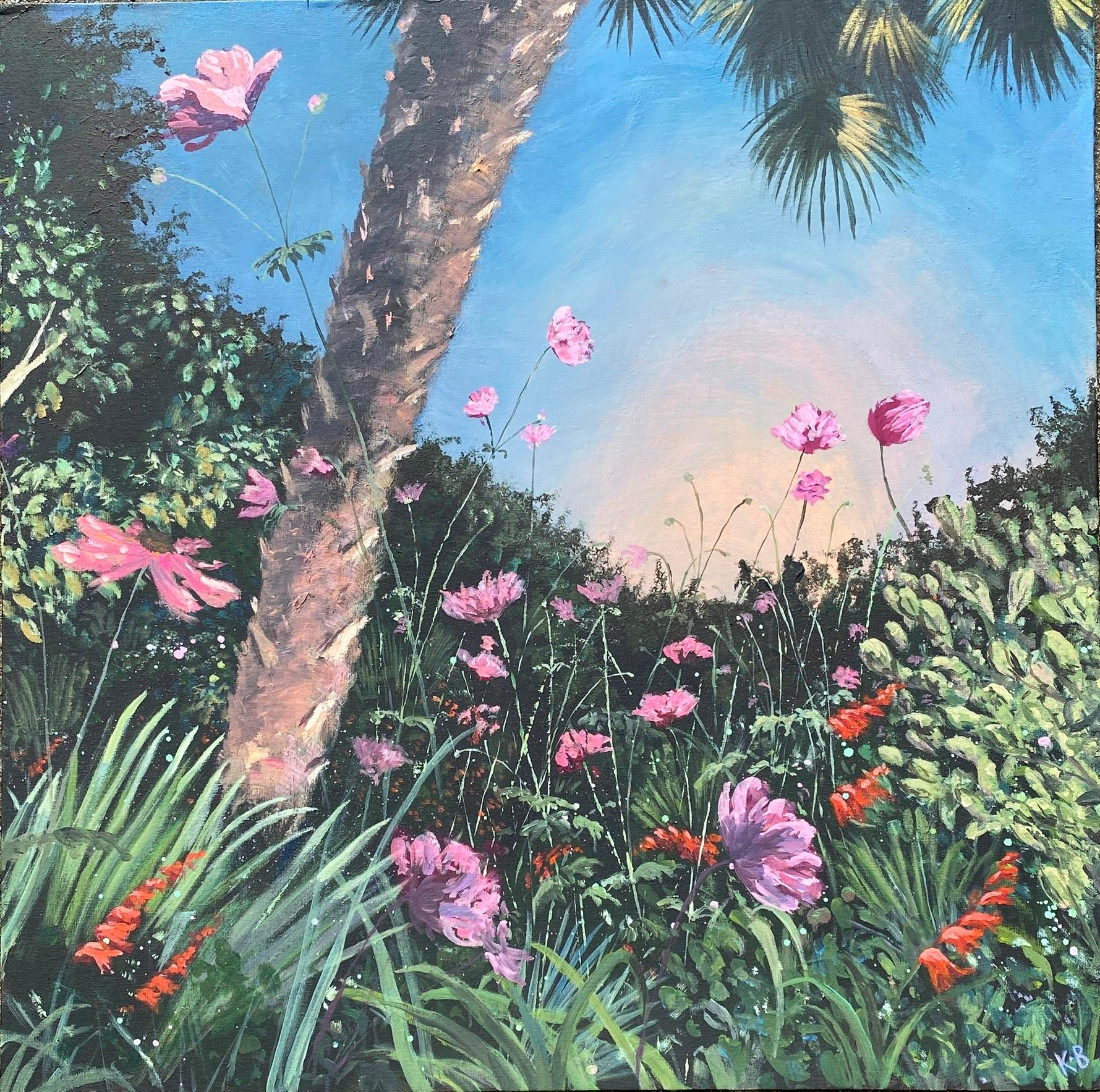 Landscape Painting di Katie Brent - Anemone giapponese e palma al tramonto - Paesaggio, fiori, natura, campagna