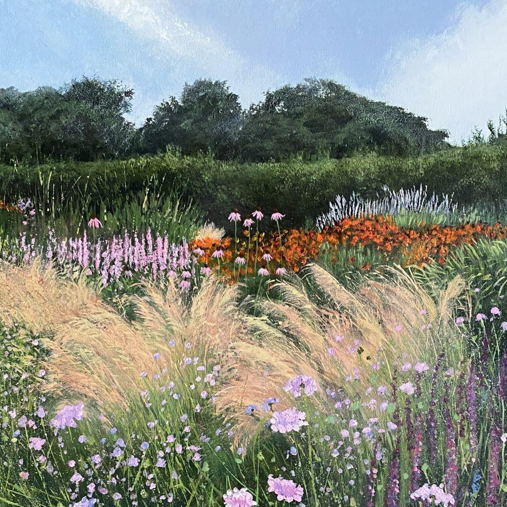 Scabiosa, Hauser and Wirth - Landscape, fields, flowers, nature, countryside - Painting by Katie Brent
