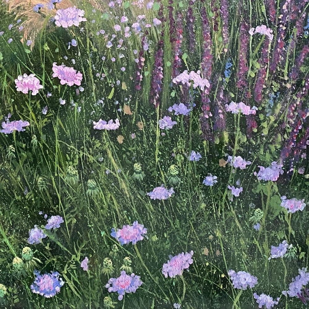 Scabiosa, Hauser and Wirth - Landscape, fields, flowers, nature, countryside - Contemporary Painting by Katie Brent