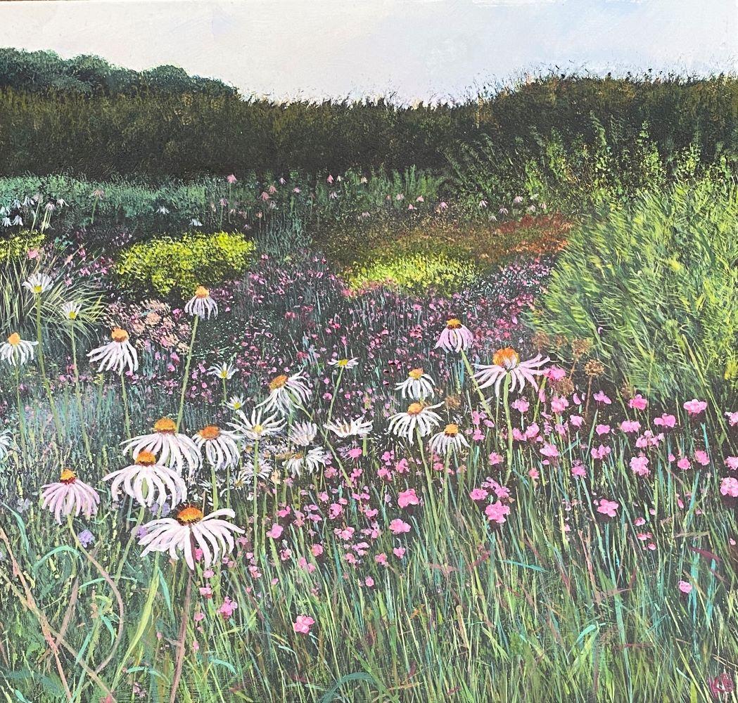Landscape Painting di Katie Brent - Rosa d'estate - Paesaggio, fiori, nature, campagna