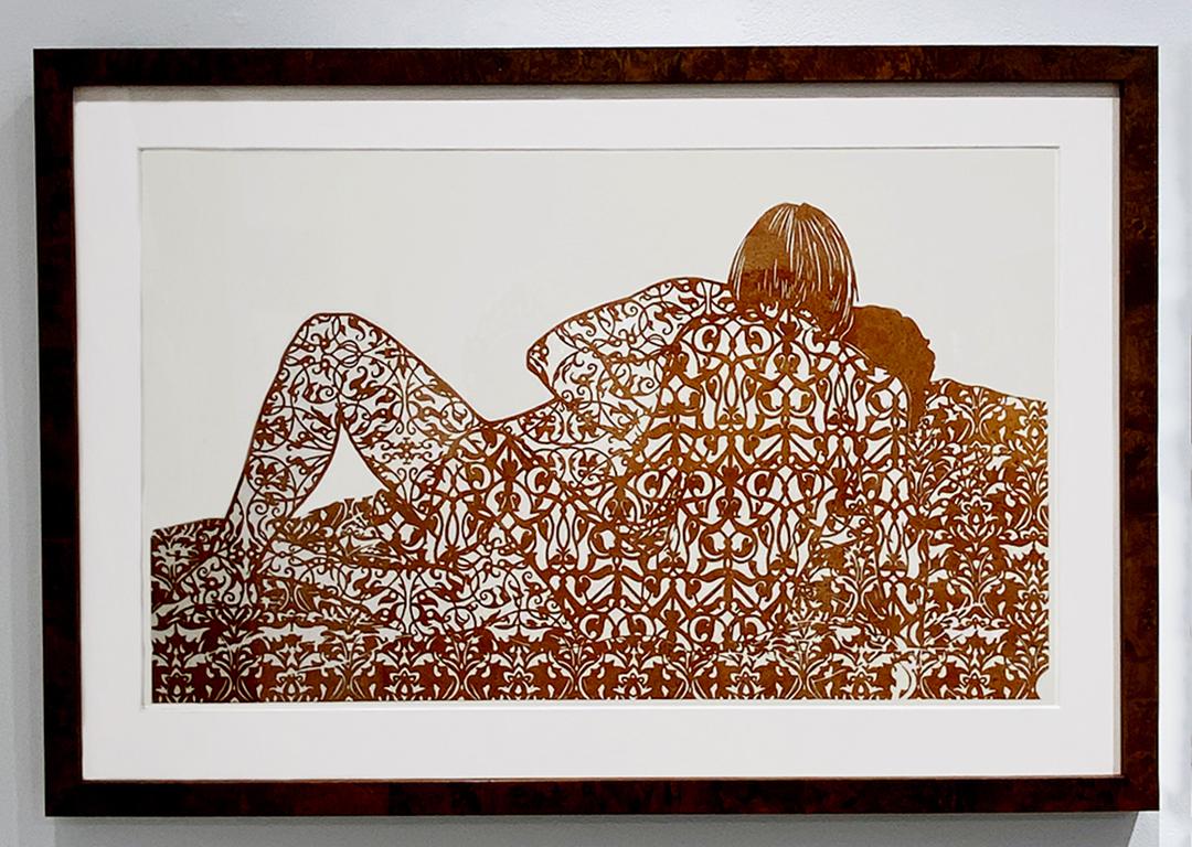 "Marc and Lisa, No. 6" Laser Cut Cork on Board, Mixed Media, Figurative, Framed - Art by Katie Commodore 