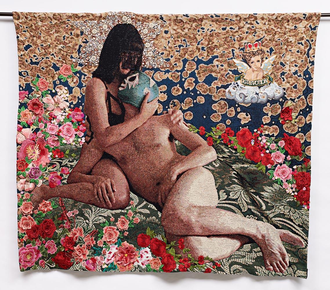 "Pieta" Mixed Media Woven Photo Tapestry with Embellishments, Figurative - Mixed Media Art by Katie Commodore 