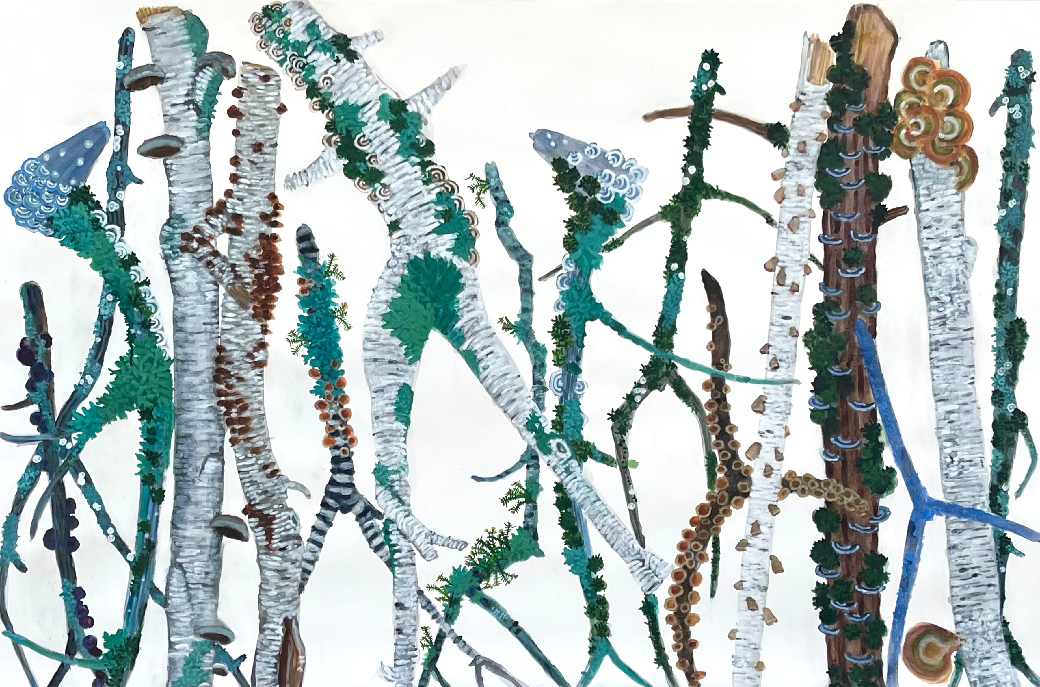 Esta acuarela original sobre papel de Katie DeGroot muestra una multitud de troncos de árbol adornados con musgos y hongos azules, marrones y verdes sobre un fondo blanco. La artista expone con Kathryn Markel Fine Arts en Nueva York.

"Los árboles