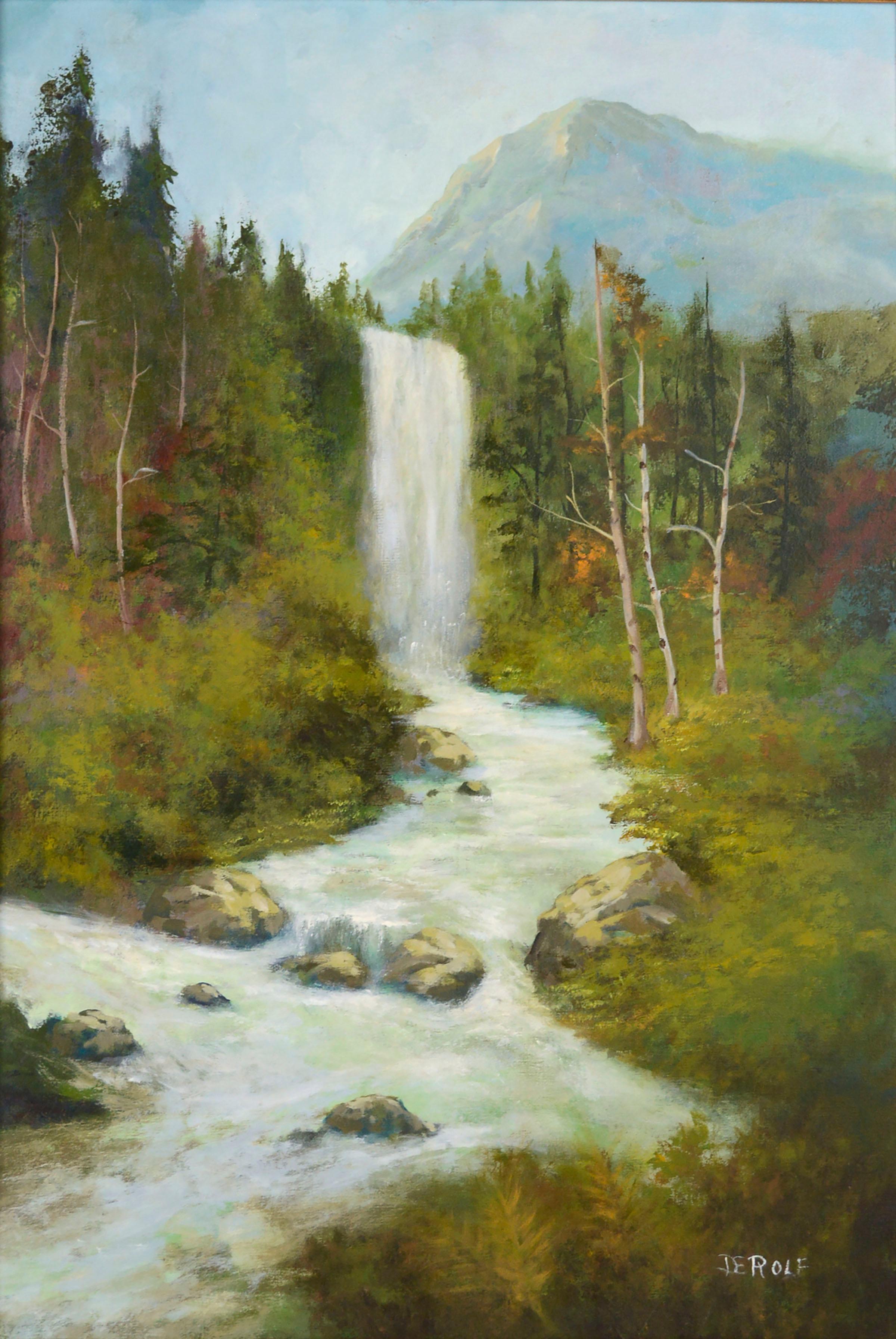 Sierra Mountain Waterfall, Vintage California Landscape w. Ornate Giltwood Frame - Painting by Katie DeRolf