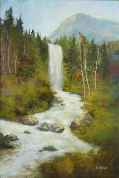 Cascata della Sierra, paesaggio vintage della California w. Telaio in legno dorato ornato