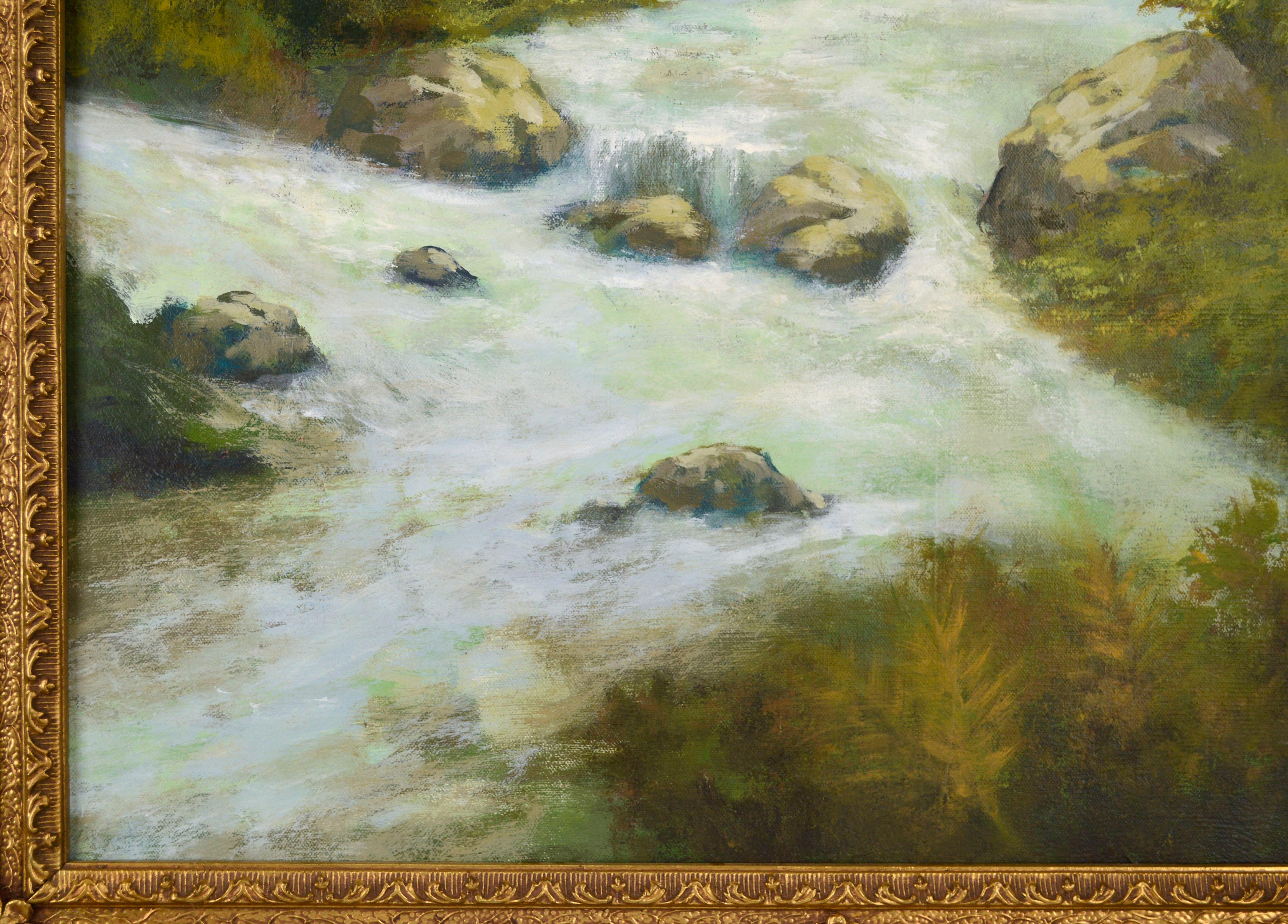 Sierra Mountain Waterfall, Vintage California Landscape w. Ornate Giltwood Frame - American Impressionist Painting by Katie DeRolf