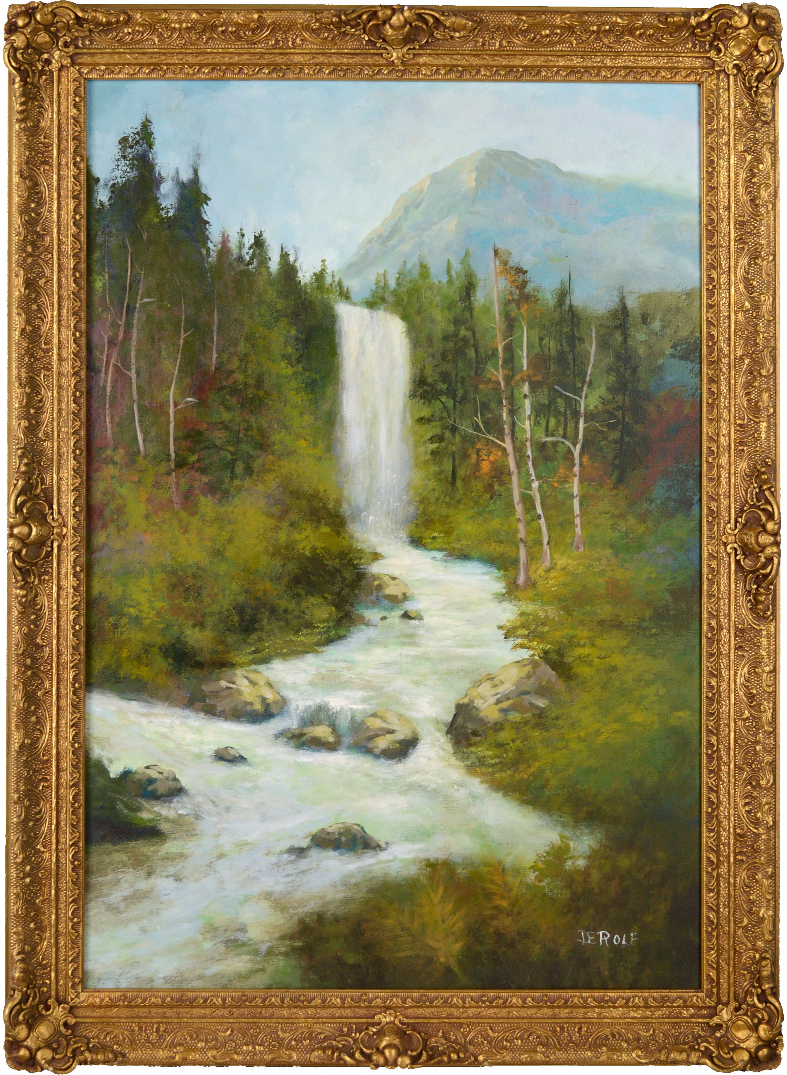 Katie DeRolf Landscape Painting - Sierra Mountain Waterfall, Vintage California Landscape w. Ornate Giltwood Frame