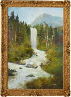 Sierra Mountain Waterfall, Vintage California Landscape w. Ornate Giltwood Frame