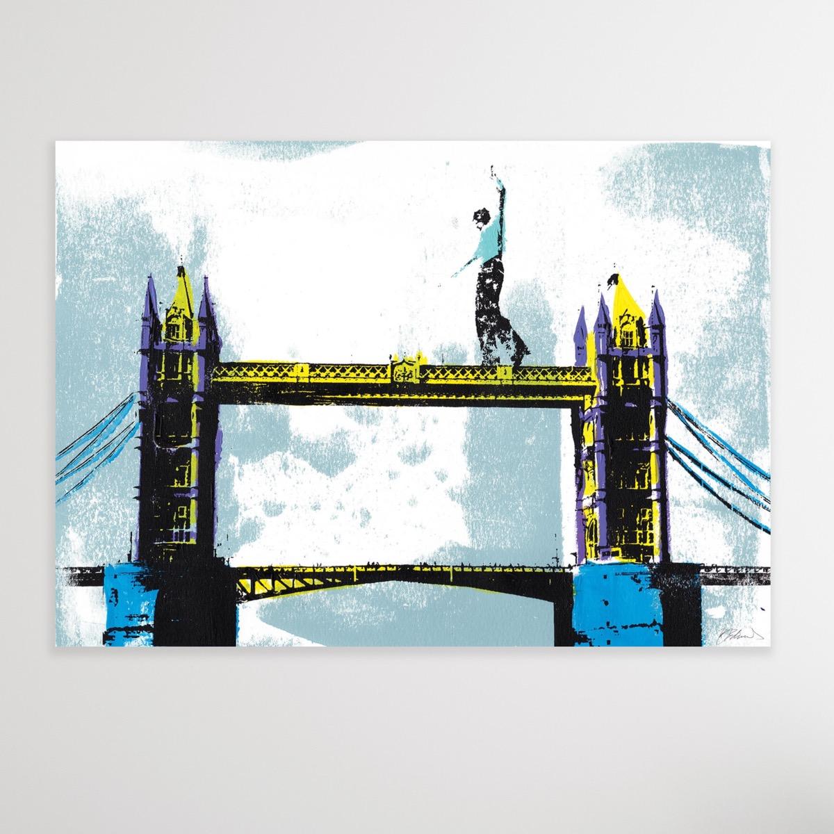 'Tower Bridge II' Original Silkscreen Print, Art print, London, England - Blue Figurative Print by Katie Edwards 