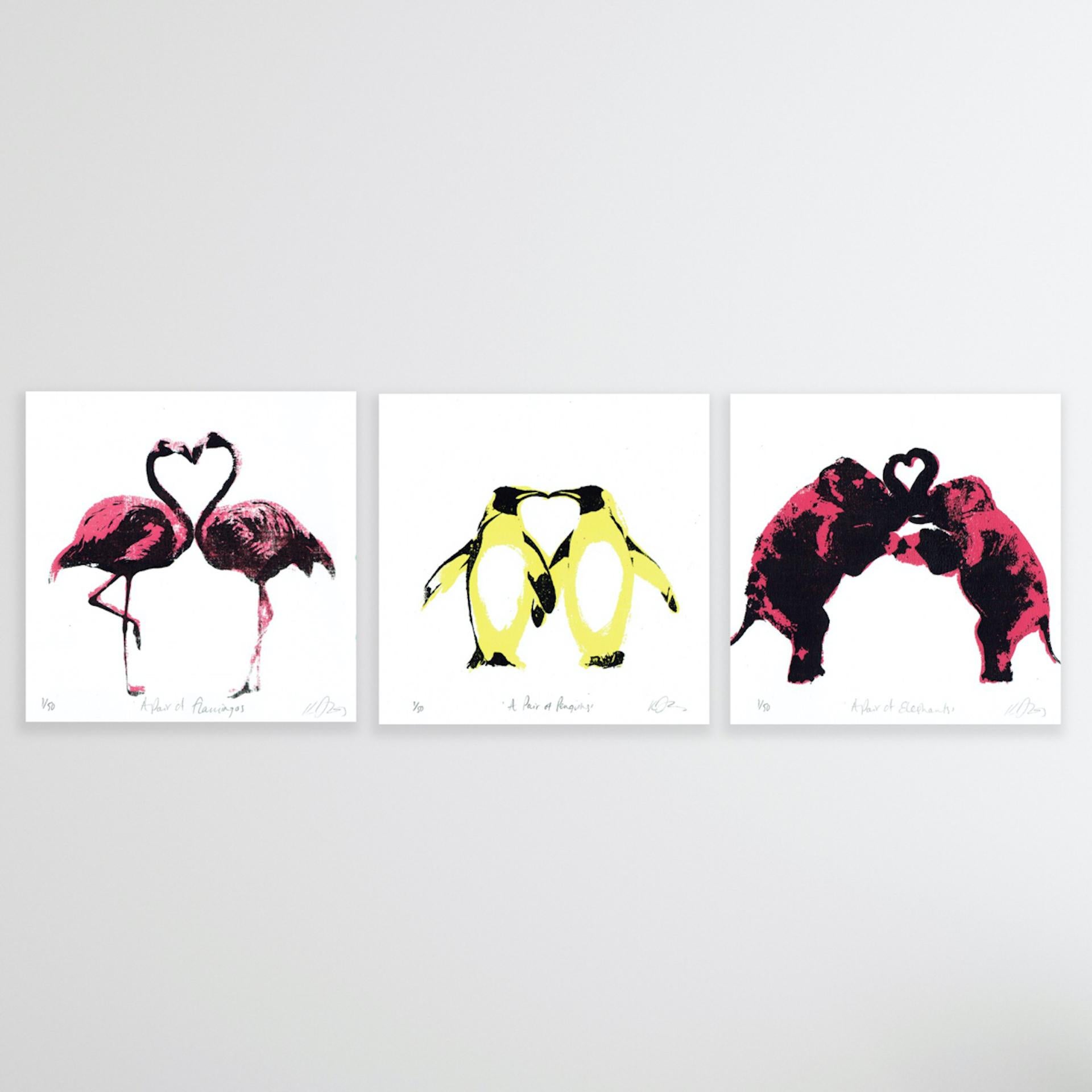 Ein Paar Tiere Triptychon von Katie Edwards

Besteht aus
Ein Paar Flamingos
Ein Pärchen Pinguine
Ein Elefantenpaar

Jedes Stück ist einzeln £50
Unmontiert und ungerahmt verkauft

Jedes Stück ist einzeln H20cm x B20cm x T0.2cm

Minimaler Platzbedarf