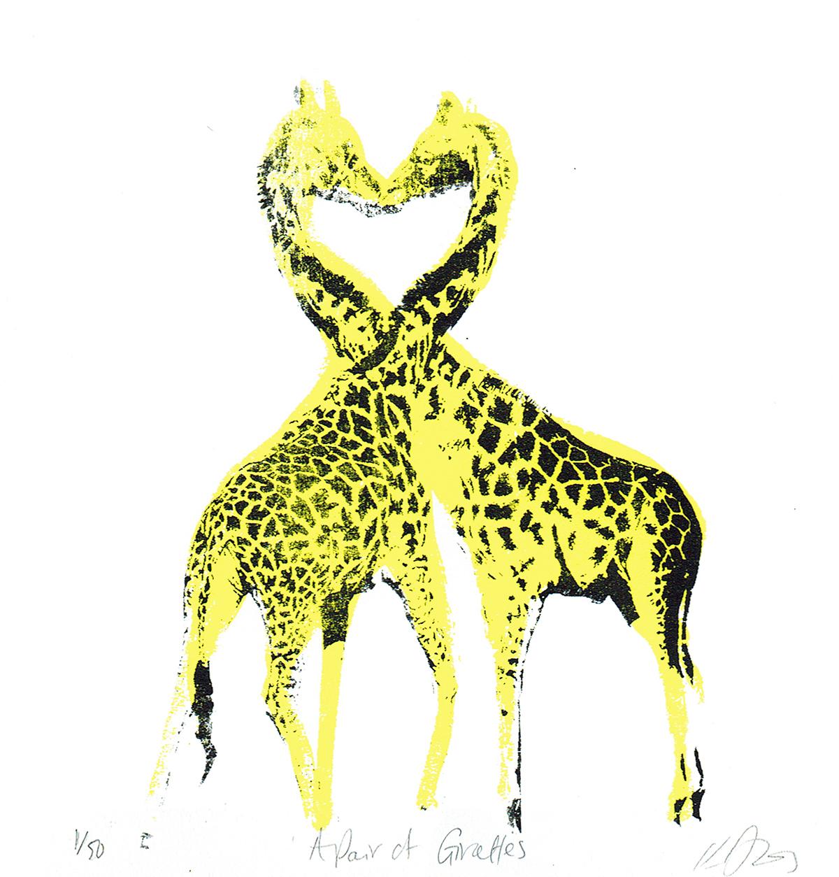 A Pair of Flamingos, A Pair of Giraffes and A Pair of Elephants Triptych - Gray Animal Print by Katie Edwards
