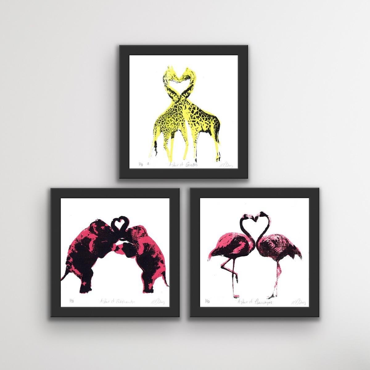 Katie Edwards Animal Print - A Pair of Flamingos, A Pair of Giraffes and A Pair of Elephants Triptych