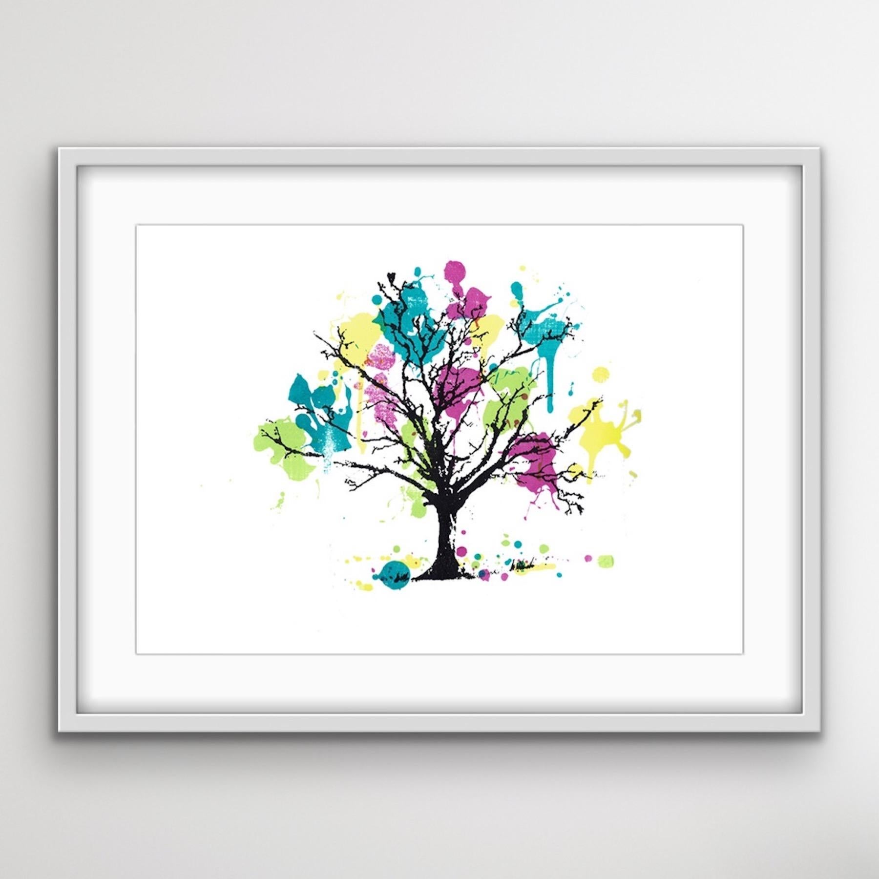 Blooming Colourful, Bright Tree Art, Pop art style print, handmade print - Contemporary Print by Katie Edwards