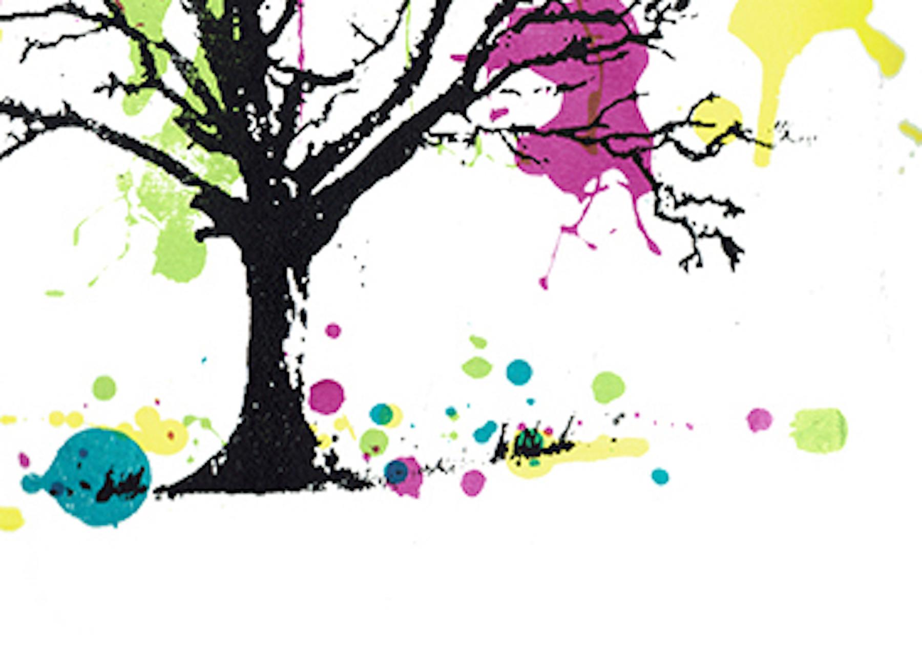 Blooming Colourful, Bright Tree Art, Pop art style print, handmade print - Beige Landscape Print by Katie Edwards