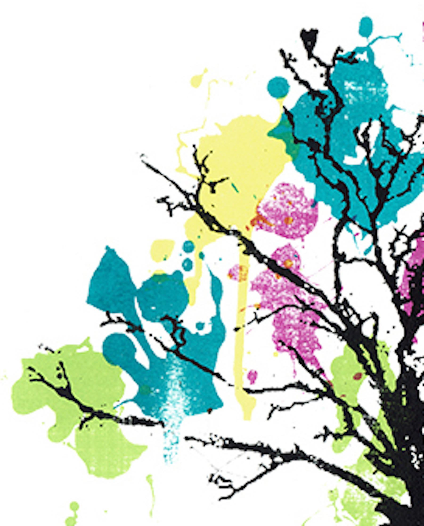 Blooming Colourful’ Original Handmade Silk Screen Print by the illustrator and artist: Katie Edwards.

A fun, colourful and vibrant illustration of a tree with paint splattered flowers. A strong graphic image with symbolic representation of the tree