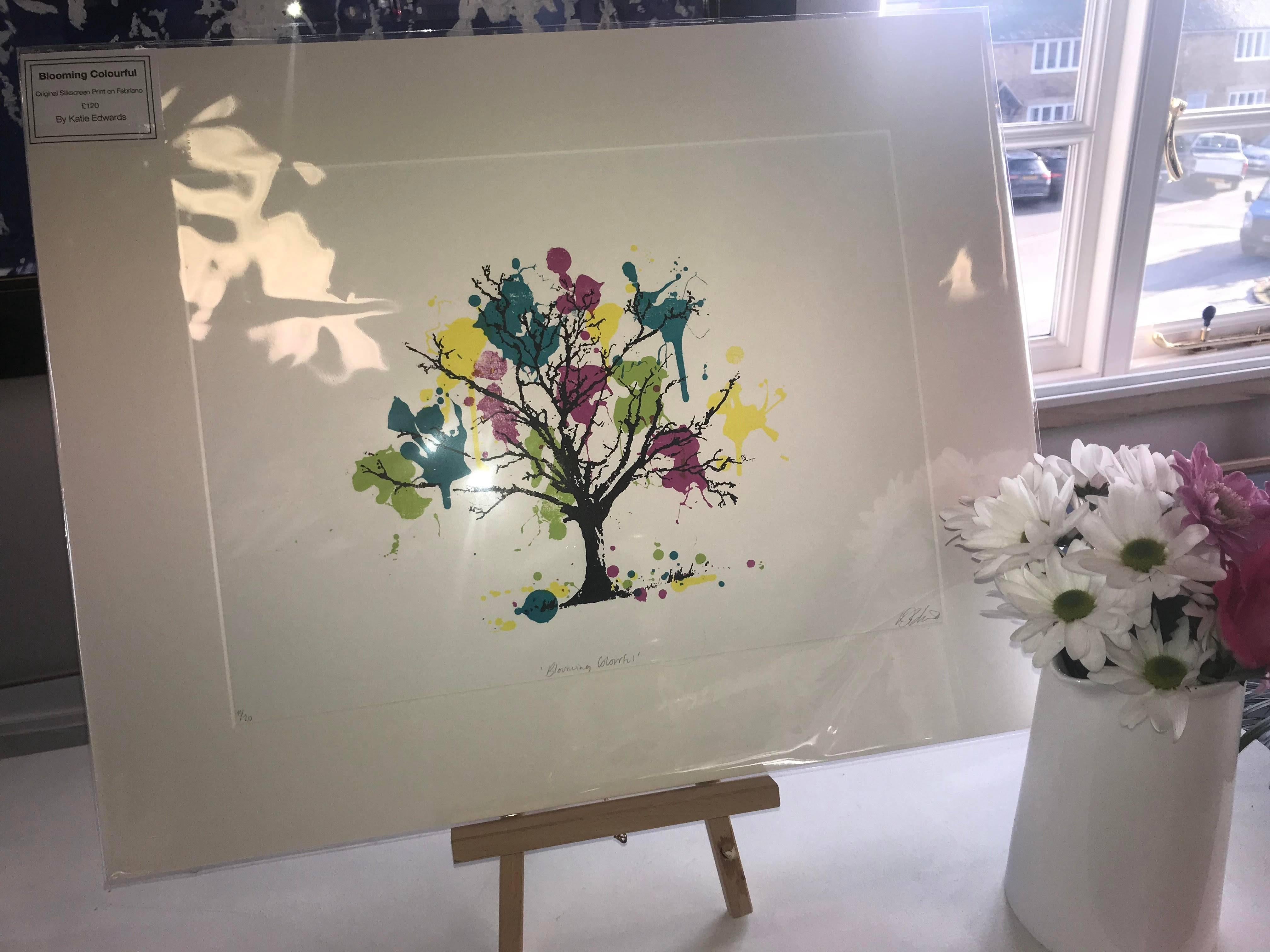 ‘Blooming Colourful’ Original Handmade Silk Screen Print by the illustrator and artist: Katie Edwards.

A fun, colourful and vibrant illustration of a tree with paint splattered flowers. A strong graphic image with symbolic representation of the