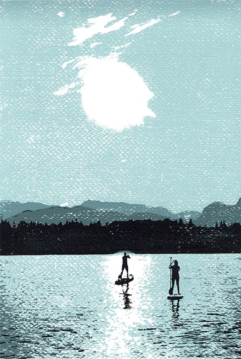 Board Meeting By Katie Edwards screen print, water, landscape, paddling, summer