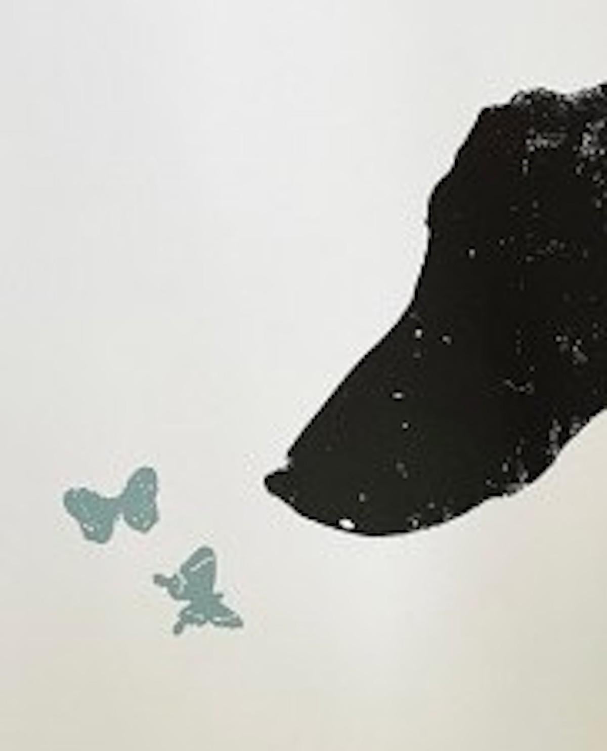 Intrigue II' Original Handmade Silkscreen Print. A playful illustration portraying the idea of Intrigue as the dog plays and sniffs at some fluttering butterflies, humorous and thought-provoking. Part of a collection of works exploring the symbolism