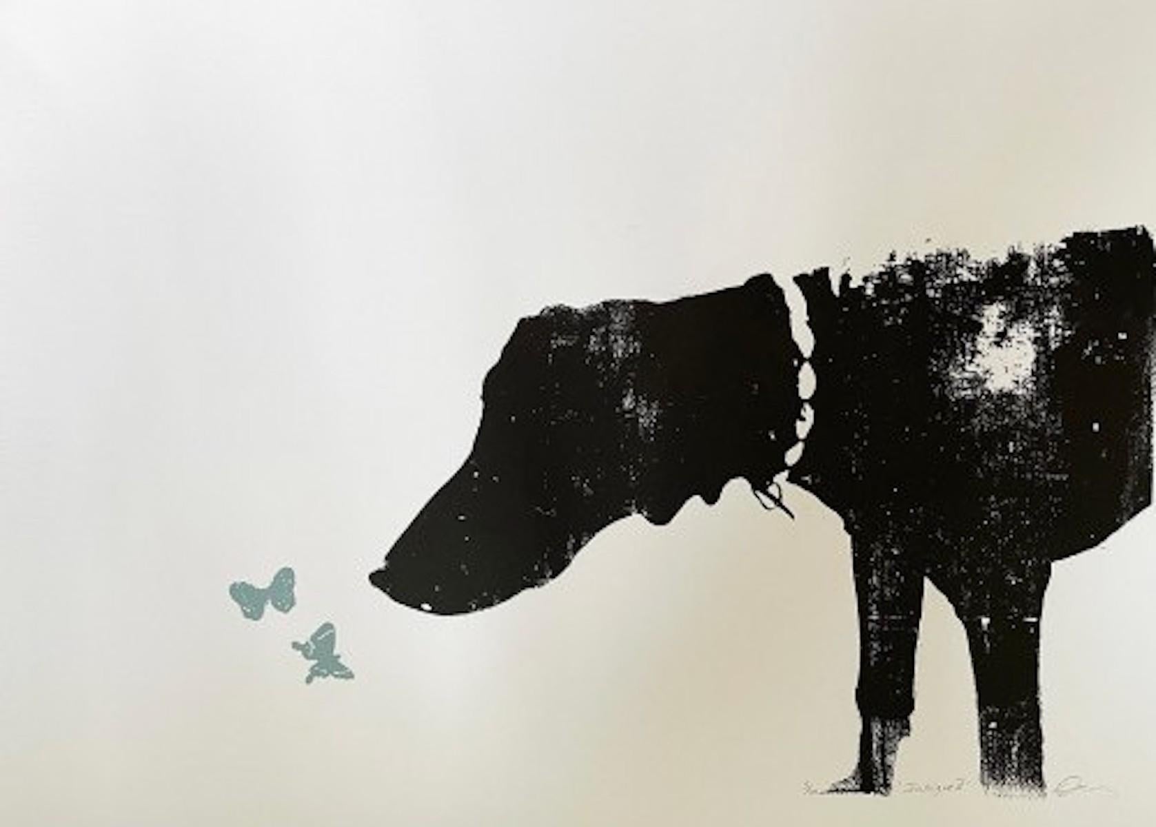 Intrigue II, Hunde-Kunst, Tier-Kunstwerk, Schmetterlings-Kunstwerk, Kunst zum Mix Up