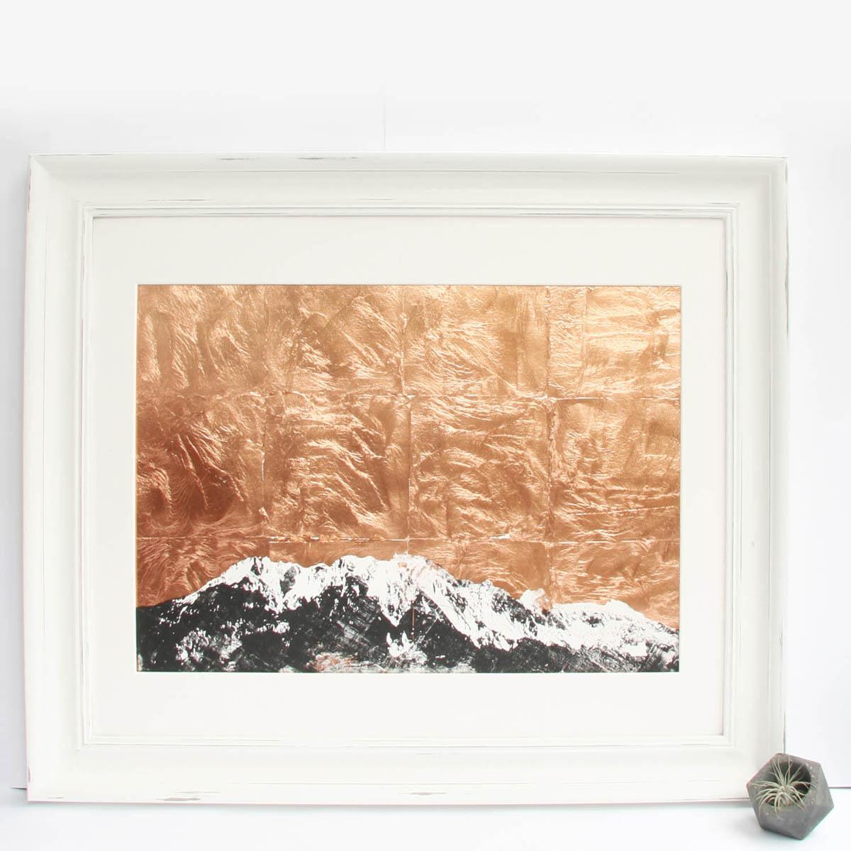 Perfect, Katie Edwards
Limited Edition Original Silkscreen Print of 10
Original Handmade Silk Screen Print of Mountains on Copper Leaf
Mounted size: H 56cm x W 71cm
Image size:

Perfect is about the mountains and how they make you feel. Limited
