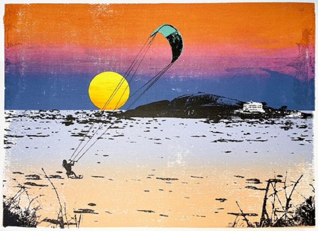 Katie Edwards Figurative Print - Sunset Kitesurf, Watersports Art, Coastal Art, Sunset Art, Kitesurfing Art
