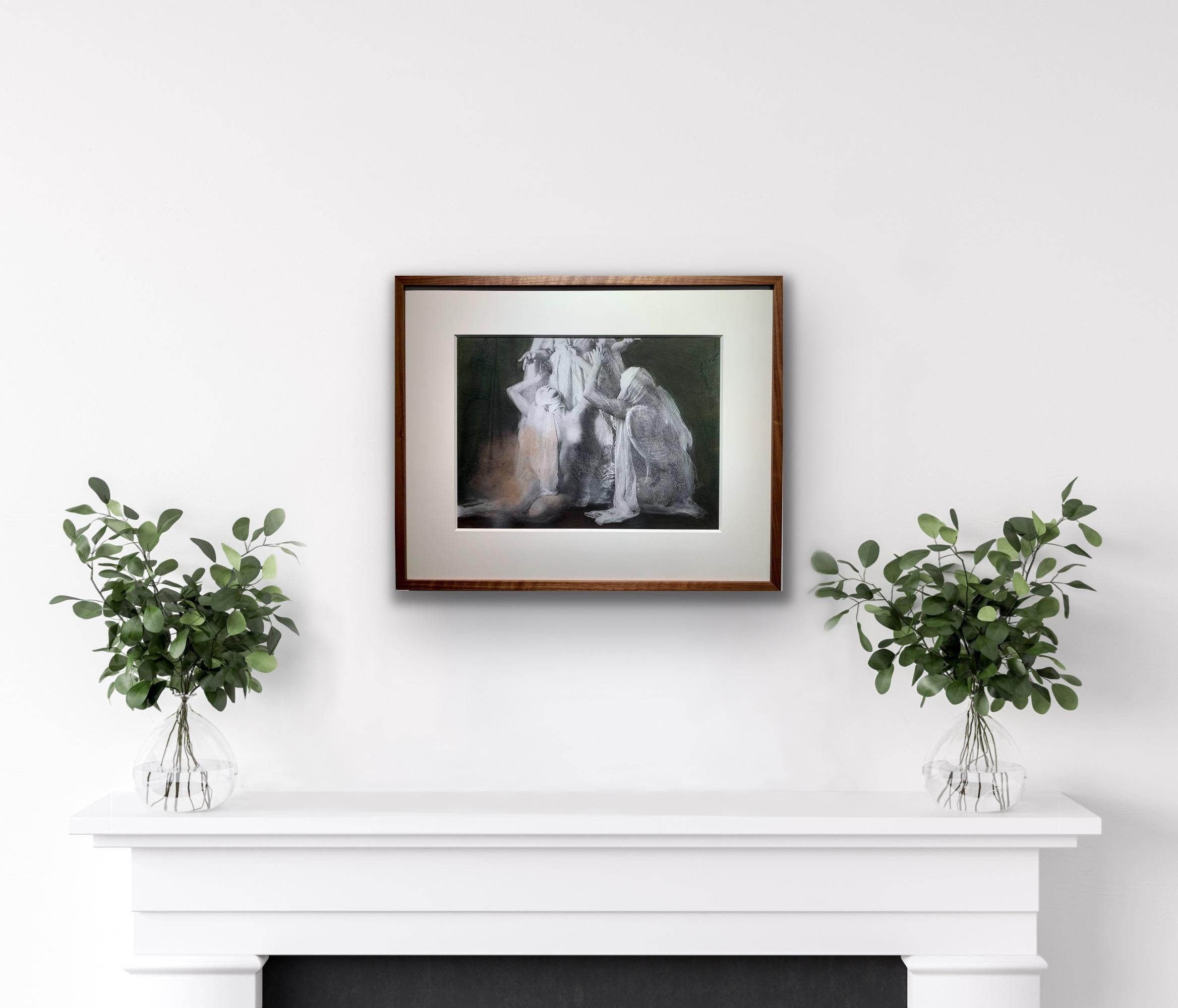 Hand-coloured Print of weeping mythical sculpture angels in Walnut Frame  For Sale 5