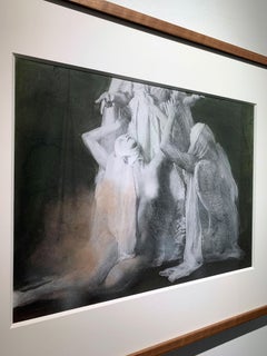 Hand-coloured Print of weeping mythical sculpture angels in Walnut Frame