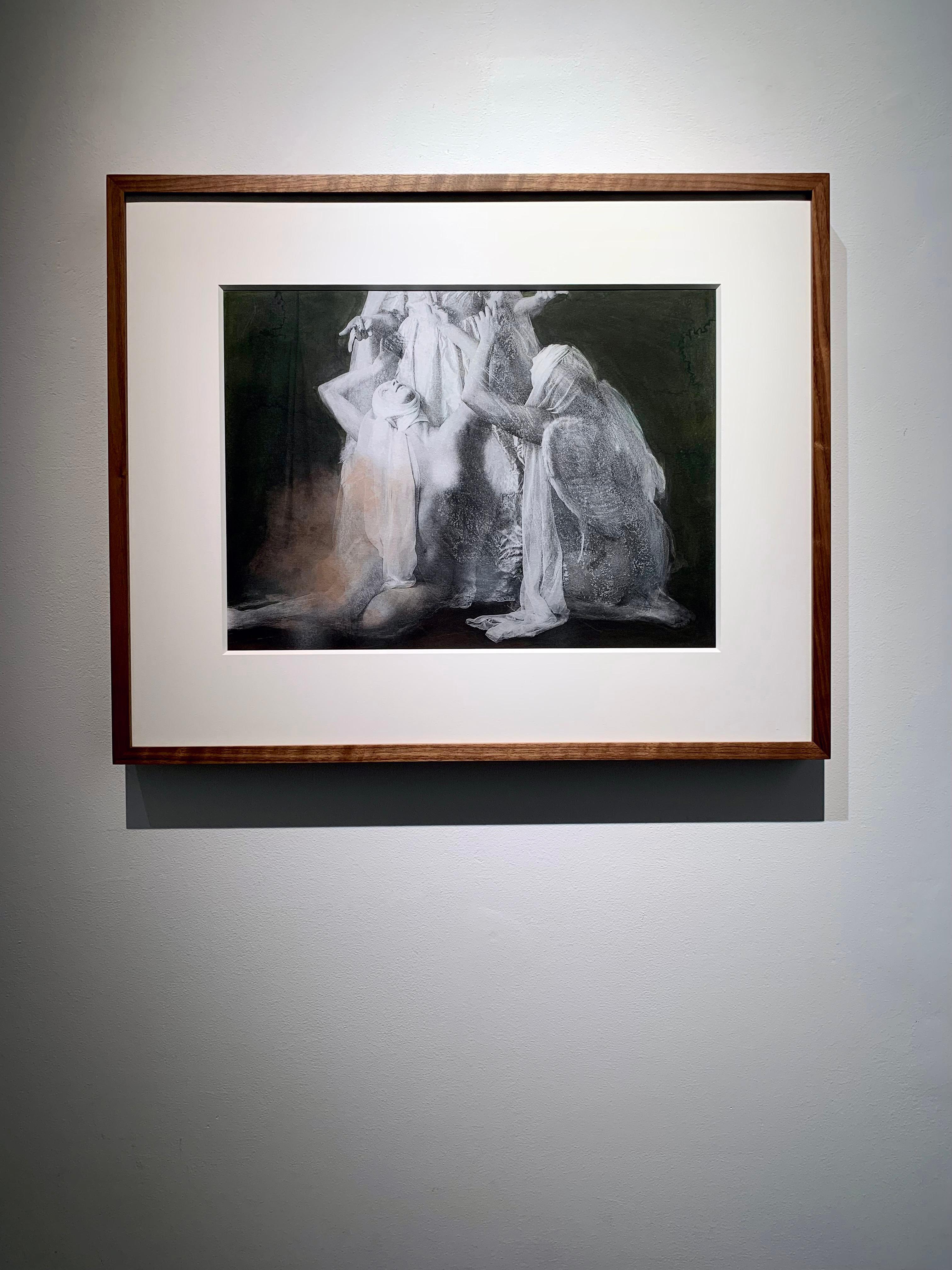 Hand-coloured Print of weeping mythical sculpture angels in Walnut Frame  - Brown Portrait Print by Katie Eleanor