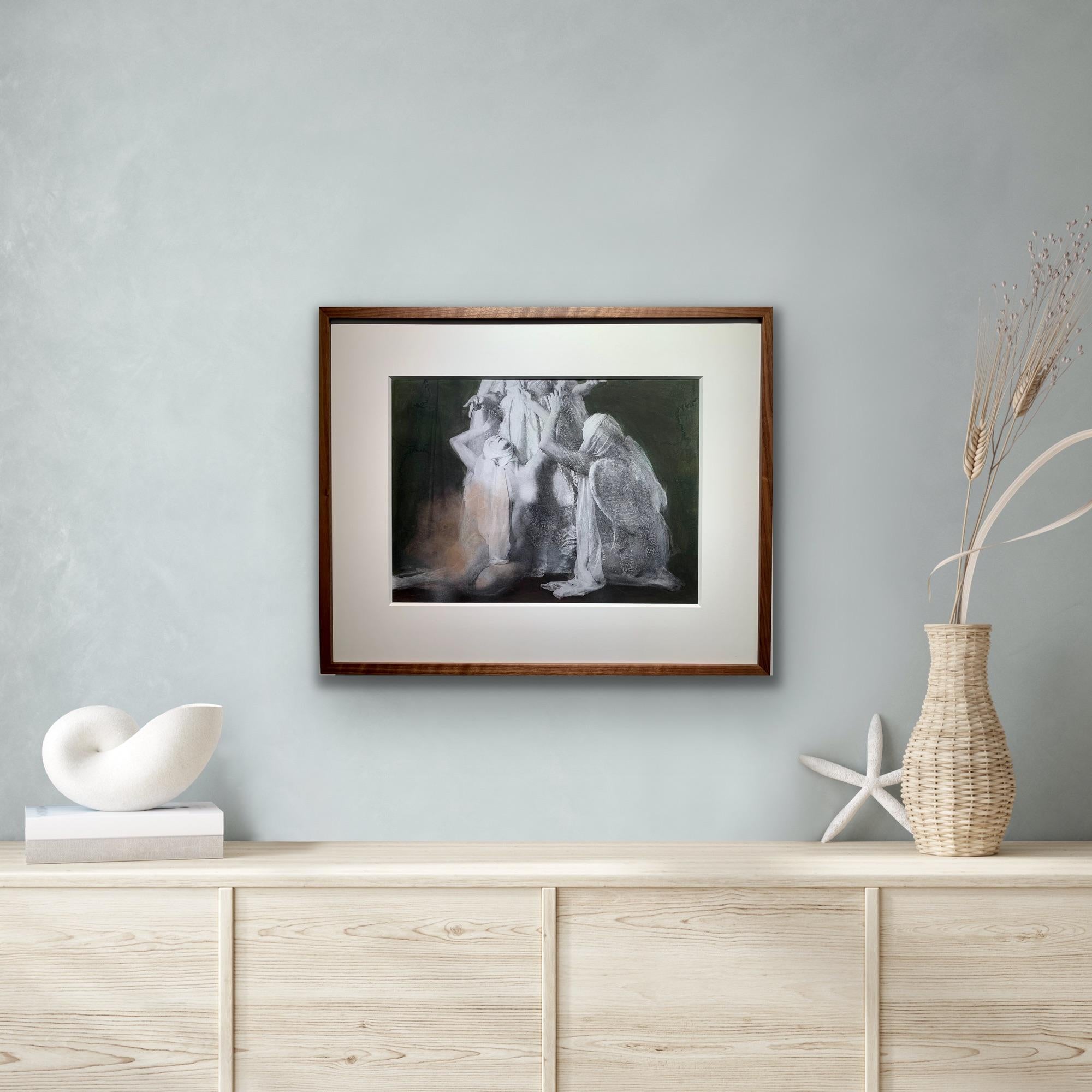 Hand-coloured Print of weeping mythical sculpture angels in Walnut Frame  - Brown Portrait Print by Katie Eleanor