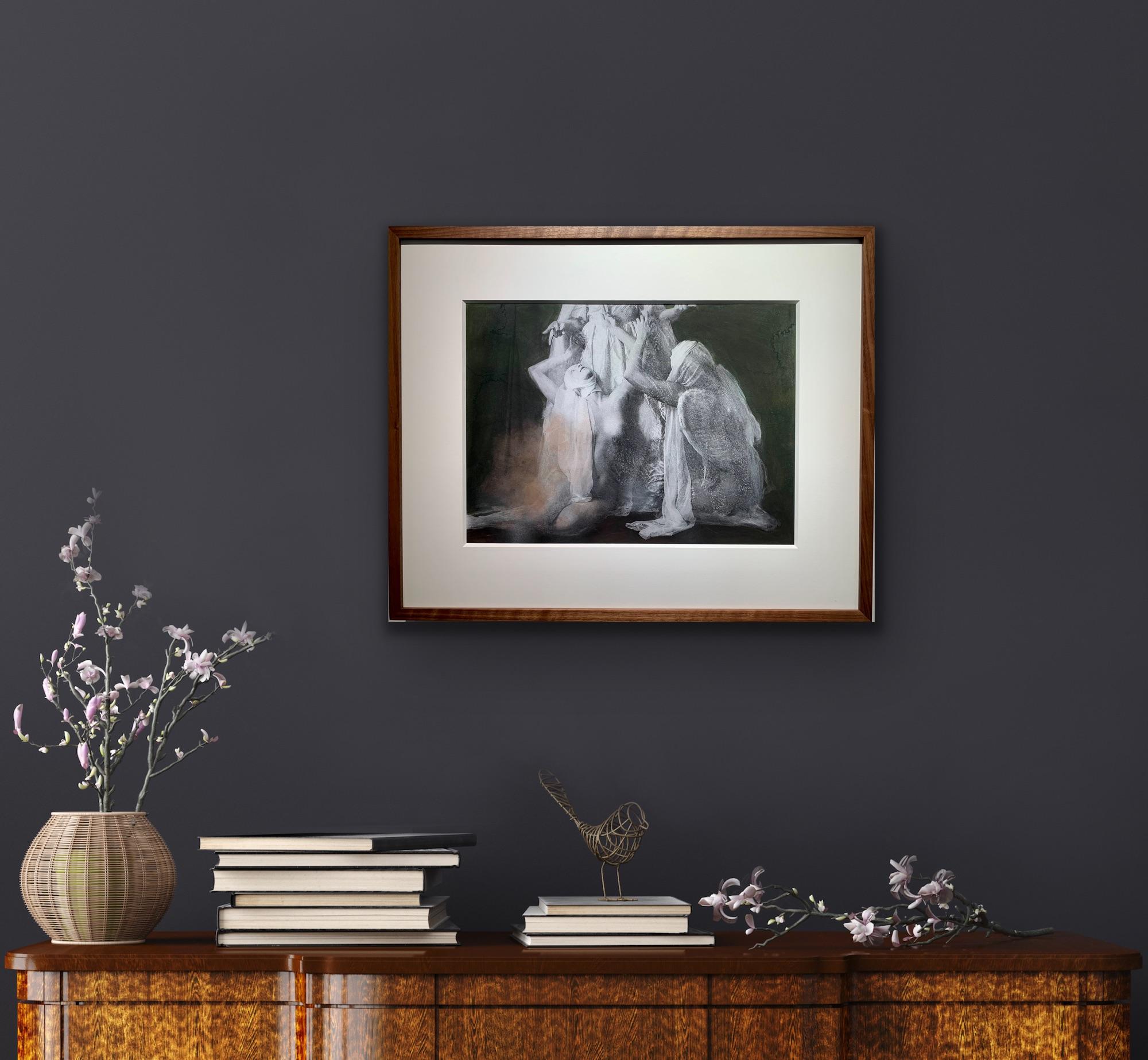 Hand-coloured Print of weeping mythical sculpture angels in Walnut Frame  For Sale 3