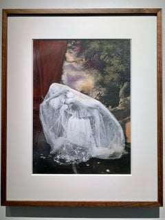 Pulizia del bagno di un'Averla o di un Merlo - Stampa colorata a mano in cornice di noce