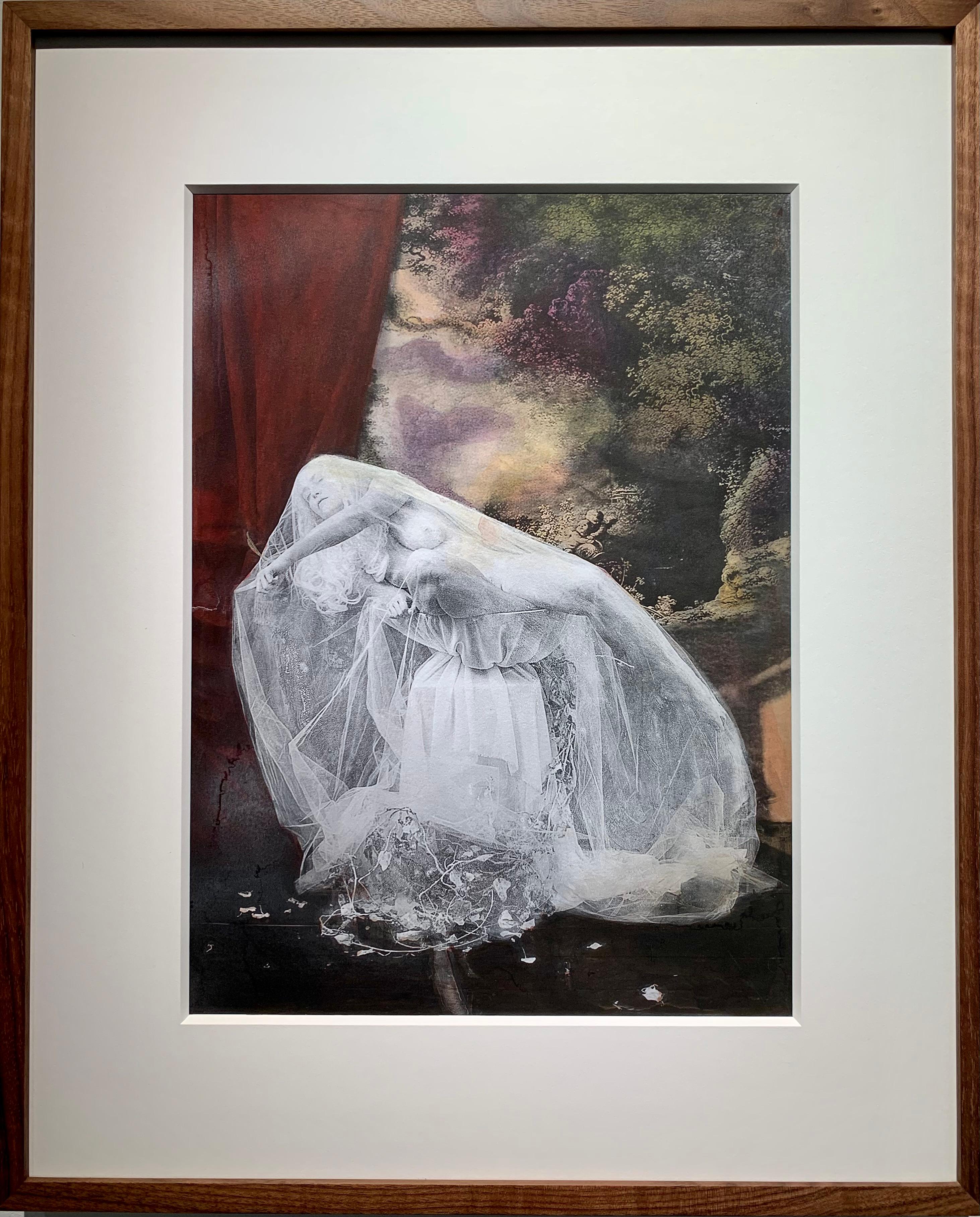 Katie Eleanor Figurative Print – The Cleansing A Shrike/ Blackbird's Bath - Handkolorierter Druck in Walnussholzrahmen