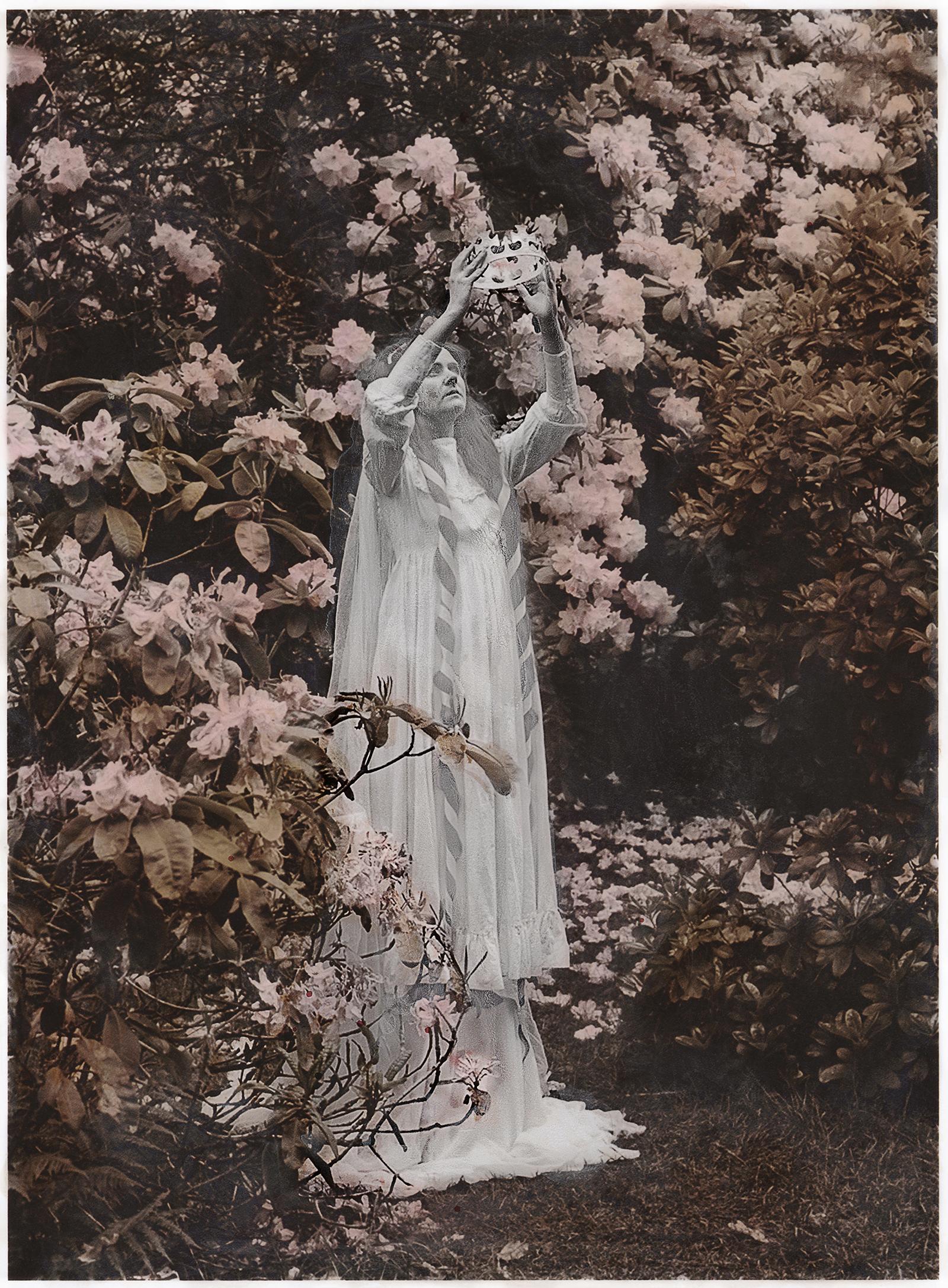 Katie Eleanor Color Photograph - Lady Macbeth as Regal monarch immobilised in Marble with her reigning in Blooms