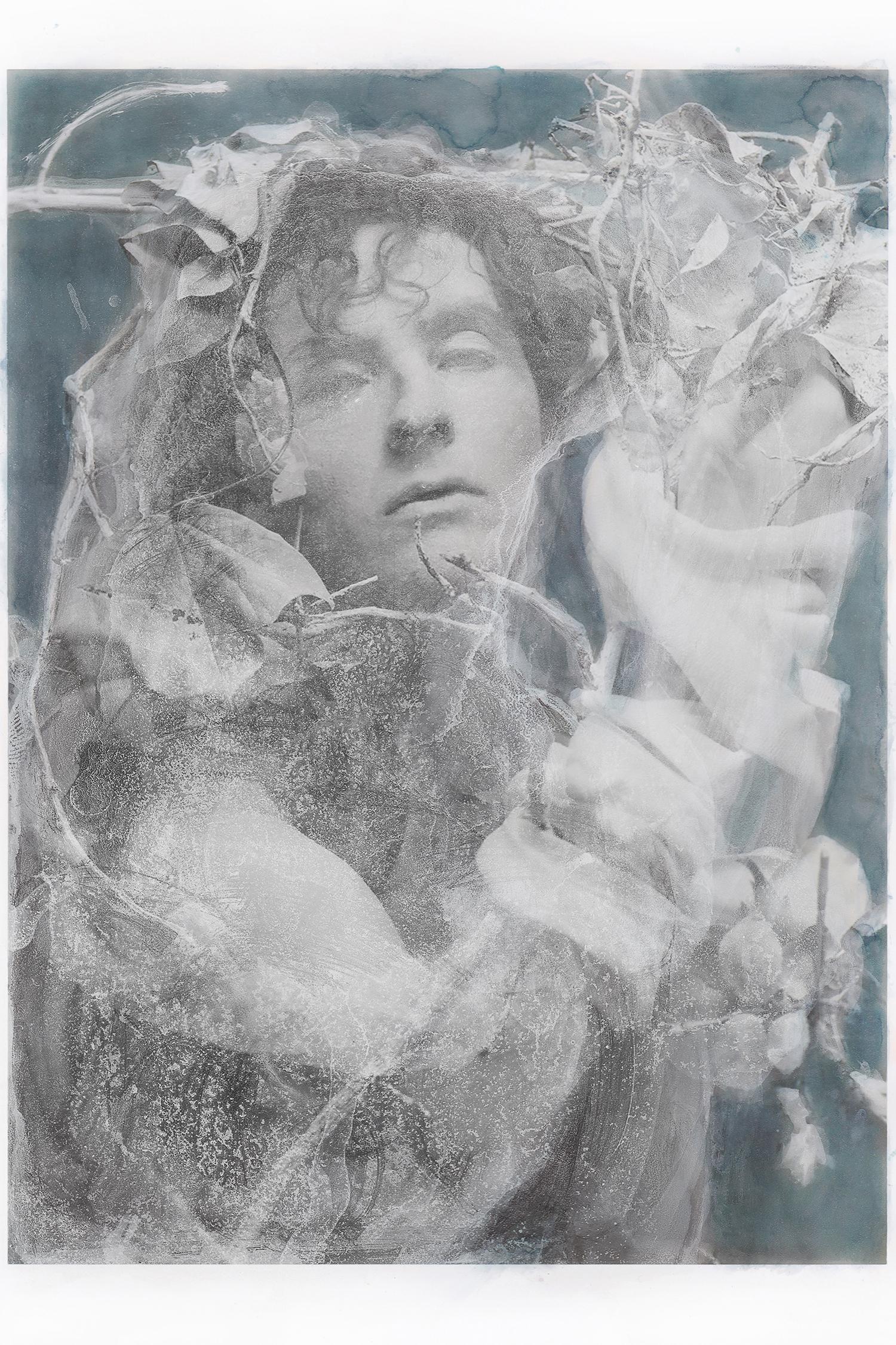 Katie Eleanor Portrait Photograph - Blue grey watercolour Print of Male as Daphne with Flowers as Marble Sculpture