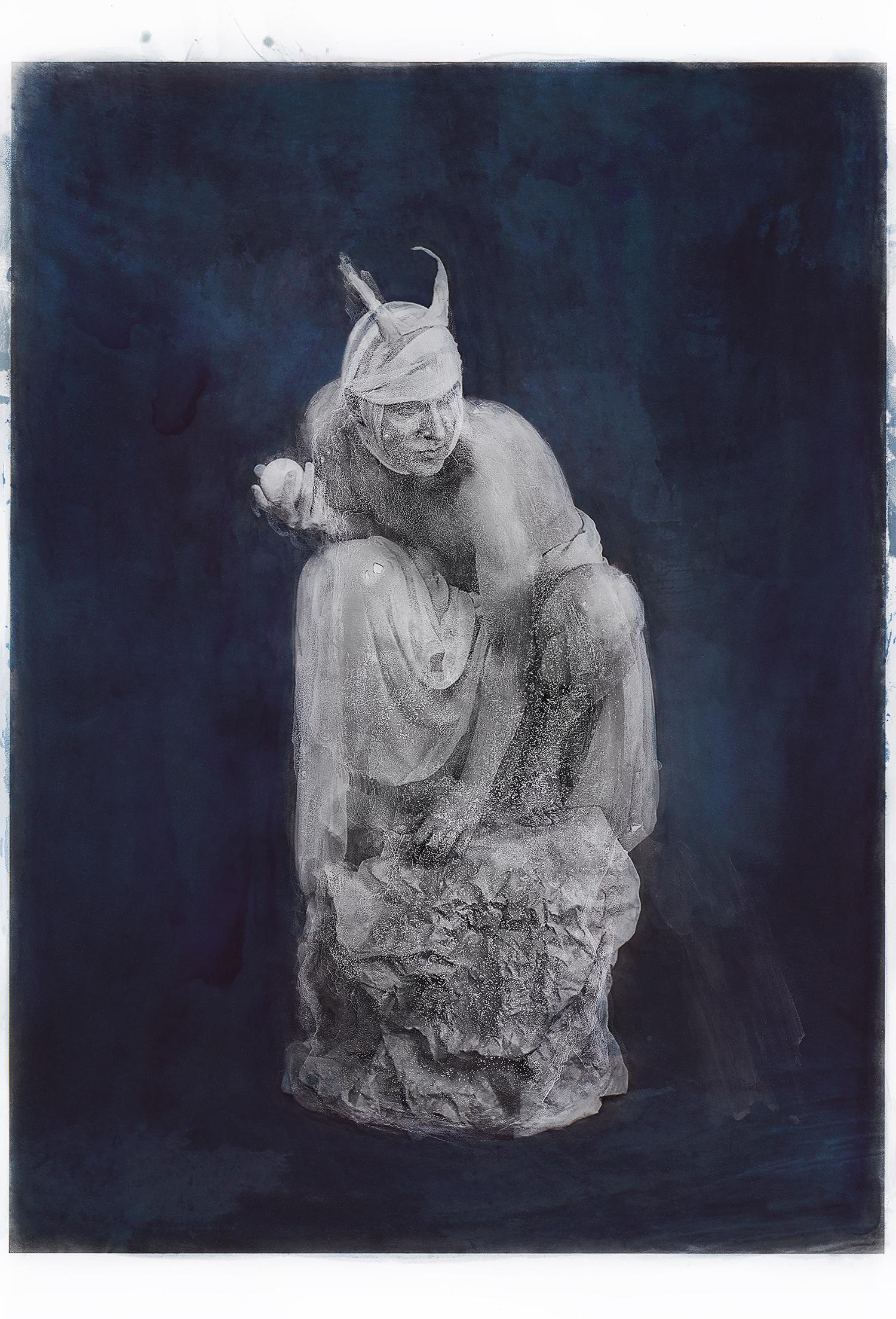 Impression colorée à la main en bleu - Portrait d'un diable imbriqué dans du marbre