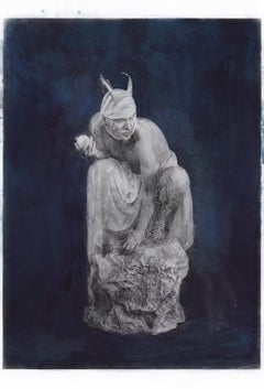 Hand coloured print in blue Portrait of a devil creature immobilised in marble