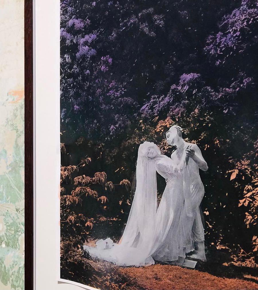 Otherworldly lovers, immobilised in marble, Dancing in blooming Garden - Print by Katie Eleanor