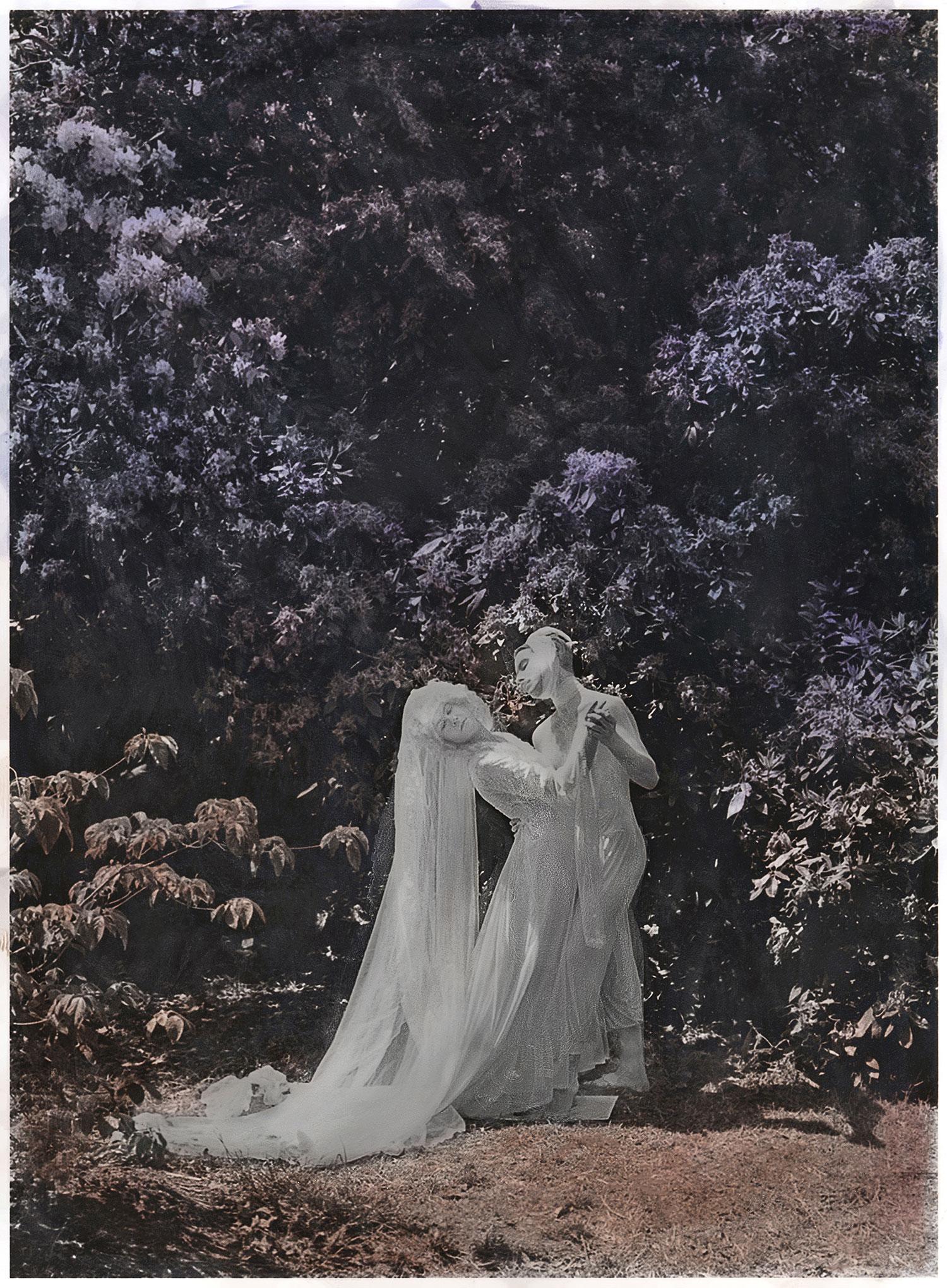 Katie Eleanor Figurative Print - Otherworldly lovers, immobilised in marble, Dancing in blooming Garden