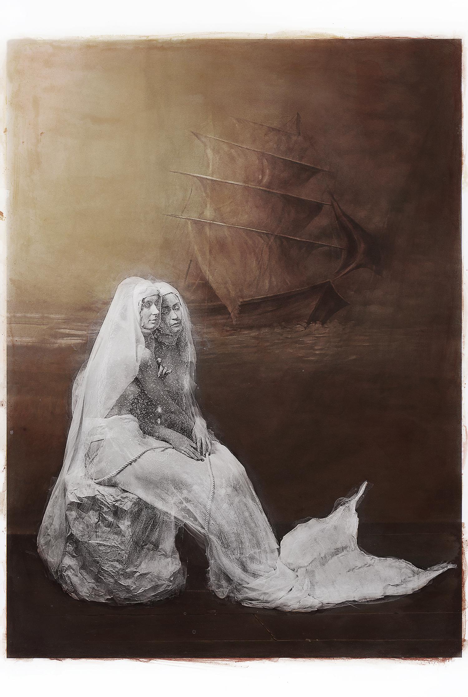 Katie Eleanor Color Photograph - Siren immobilised in marble locked in embrace and galleon ship in the background