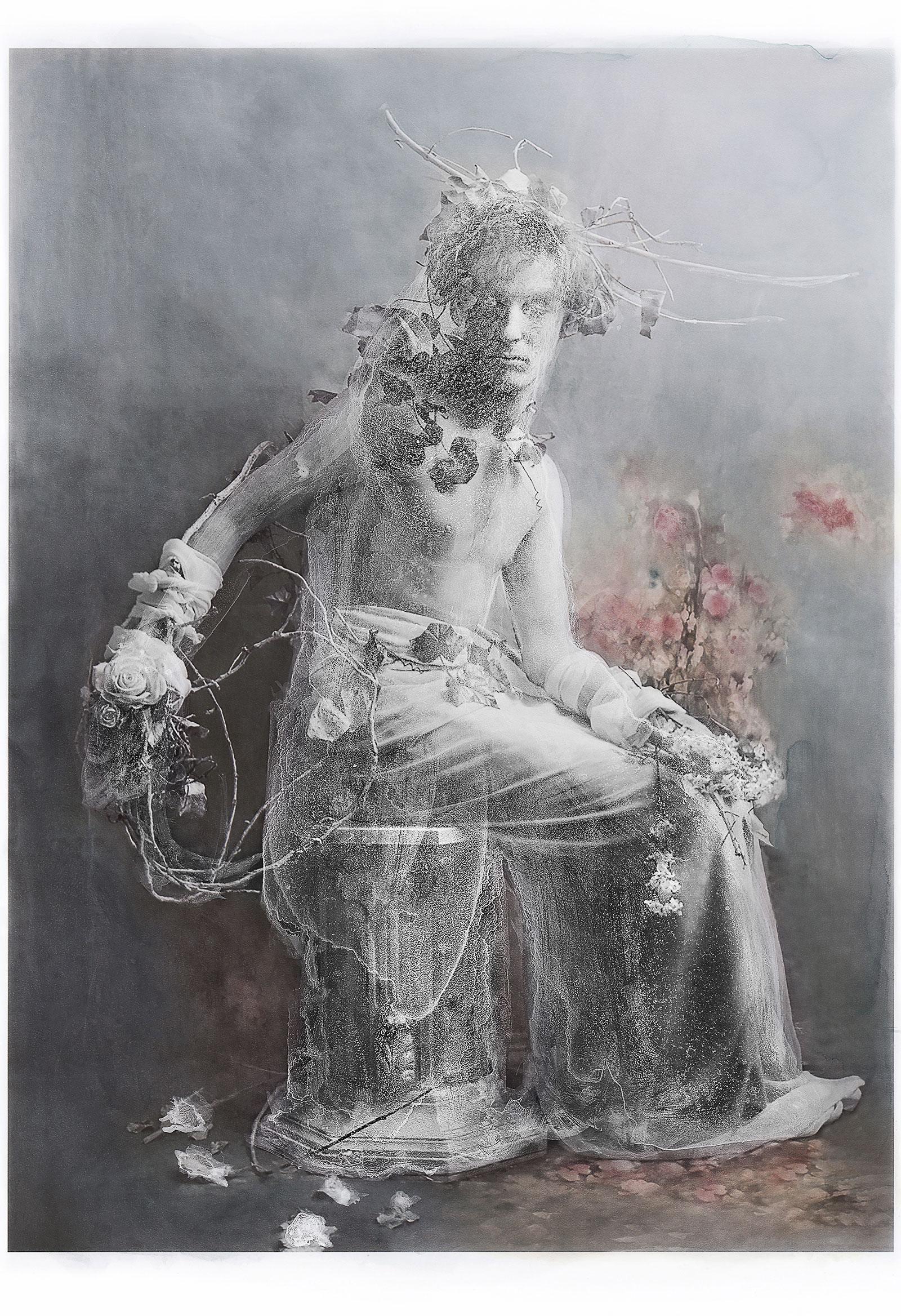 Katie Eleanor Figurative Print - Watercolour Photo Print of Male as Daphne with Flowers as Marble Sculpture