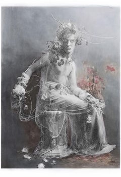 Impression à l'aquarelle d'un homme en tant que Daphné avec des fleurs en sculpture en marbre