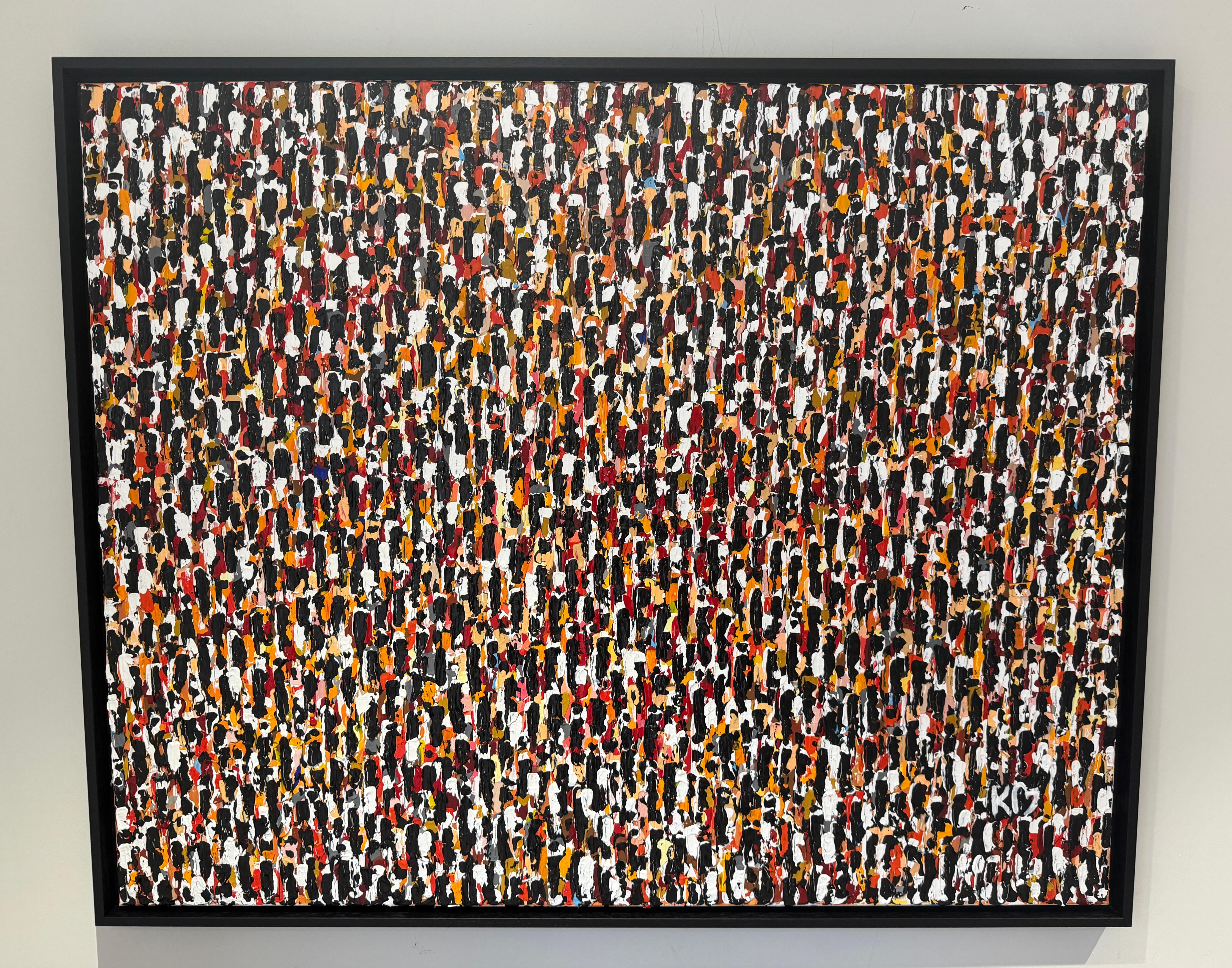 Ein Stück, das von Robbie Williams' legendärem Knebworth-Konzert inspiriert wurde, bei dem Hunderttausende zu einer elektrisierenden Menge wurden. Jedes strukturierte Zeichen steht für eine Person, die zusammen ein pulsierendes Meer aus Farbe,