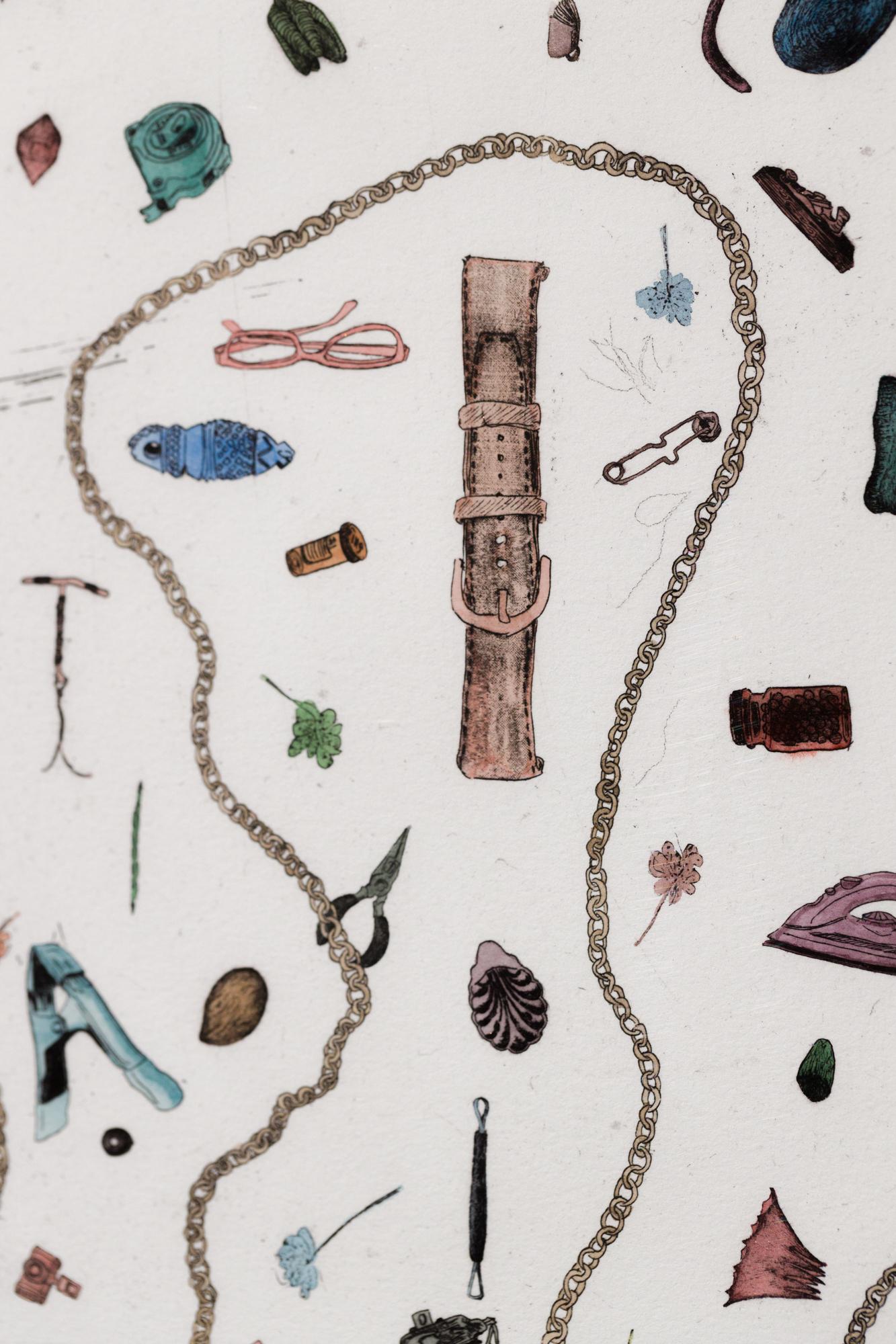 „All the Small Things III“-Intaglio, handkolorierte, geätzte Stilllebenobjekte (Zeitgenössisch), Print, von Katie VanVliet