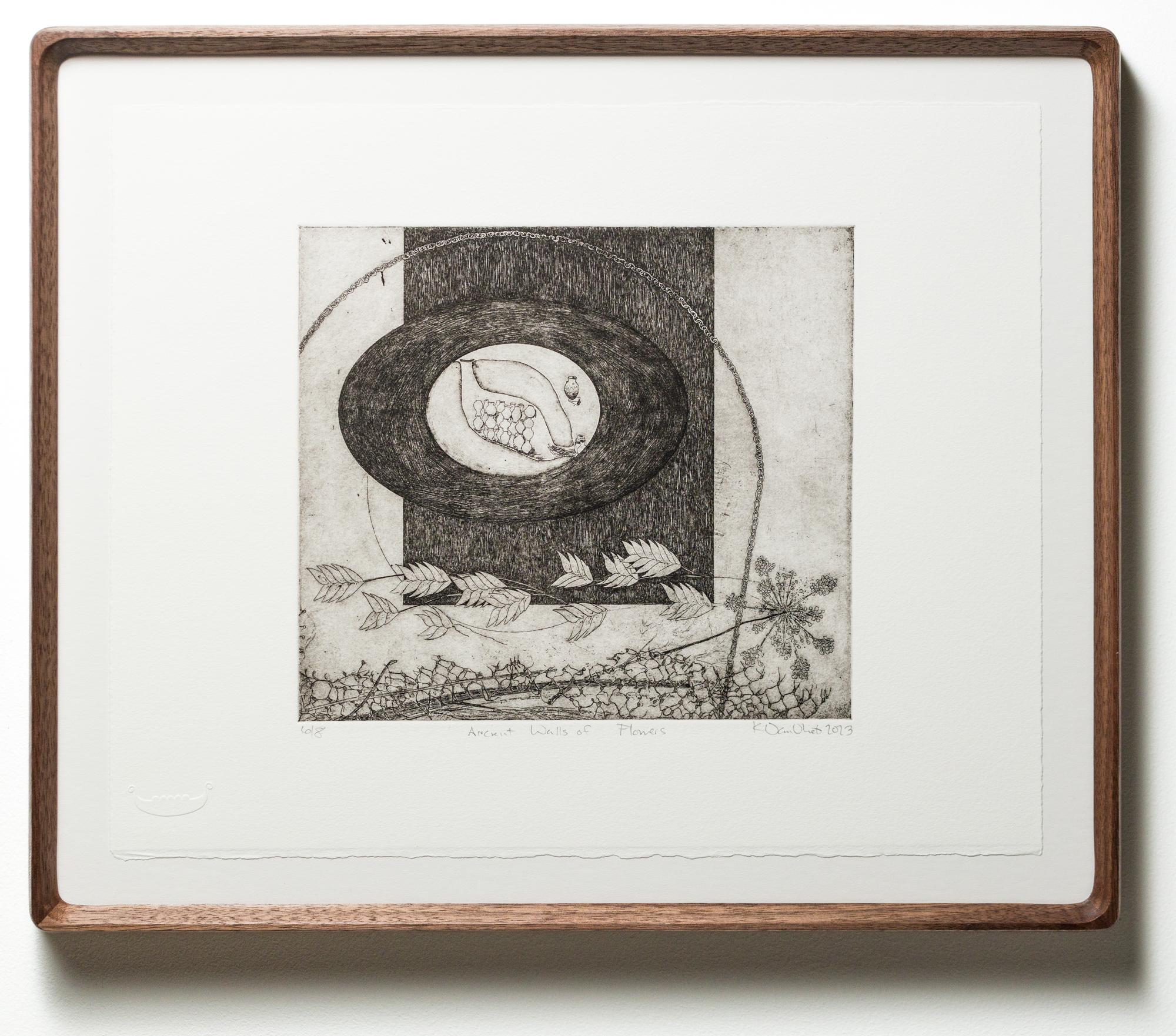 This piece titled "Ancient Walls of Flowers" is a limited edition piece by Kate VanVliet and is made from intaglio with soft ground on Rives BFK, artist-made frame. This piece is an edition of 8, measures 14.5"h x 17.5"w, and is shipped in the