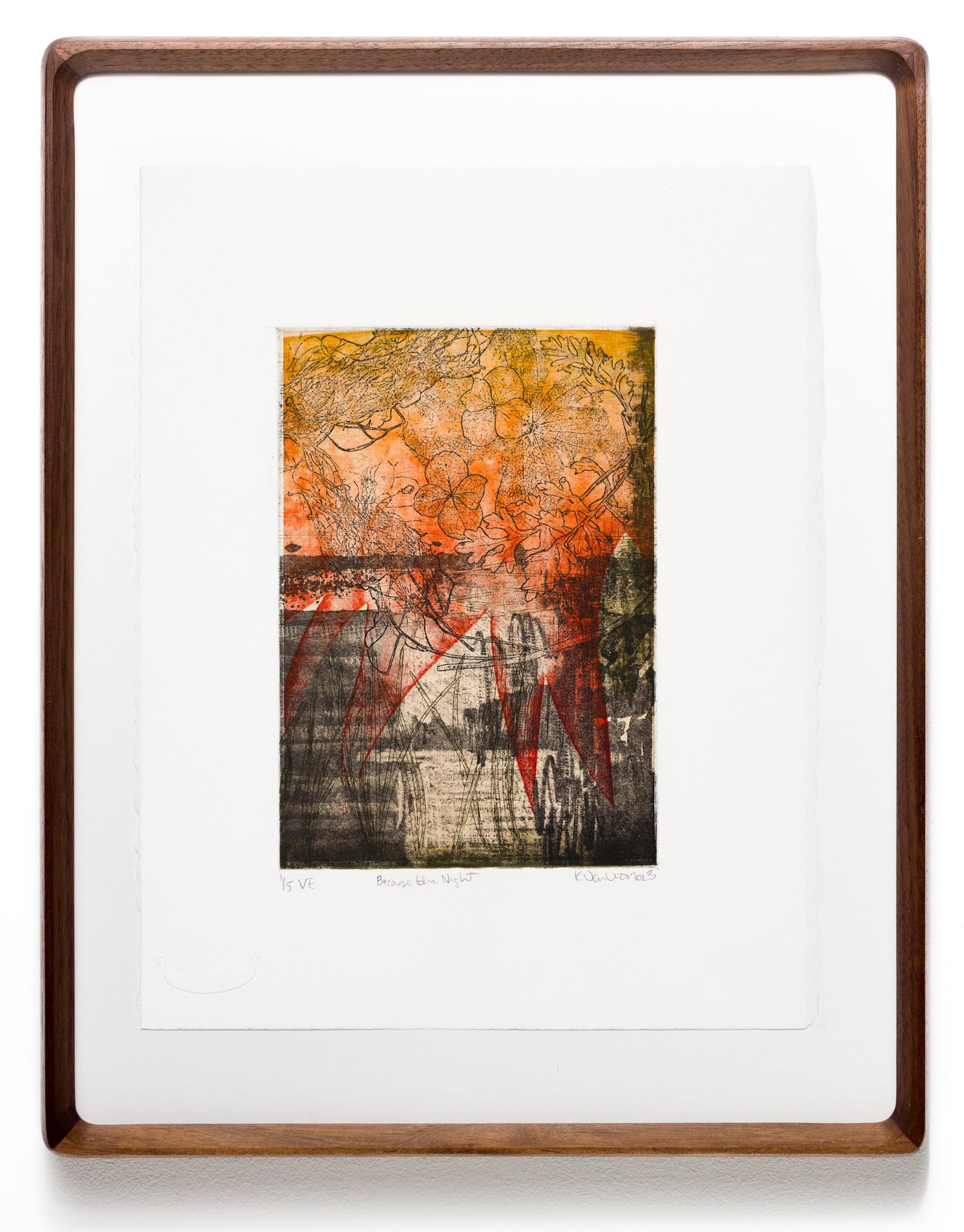 Katie VanVliet Still-Life Print – „Because the Night VE 1/5“ Intaglio, handkolorierte, florale, orangefarbene Flammen