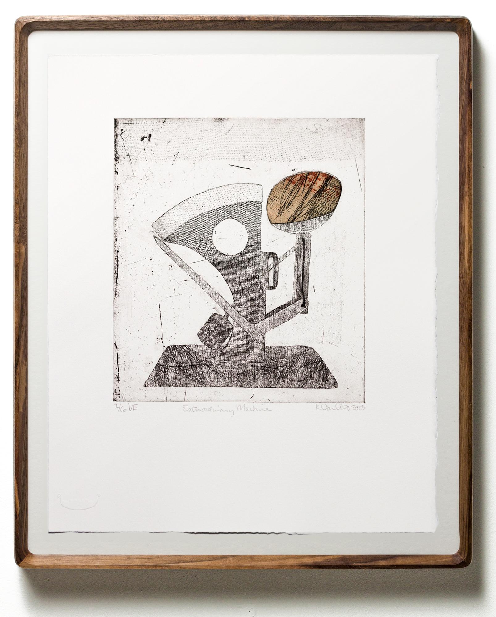 Katie VanVliet Still-Life Print - "Extraordinary Machine VE 2/6" Intaglio, hand colored, Industrial, egg motif