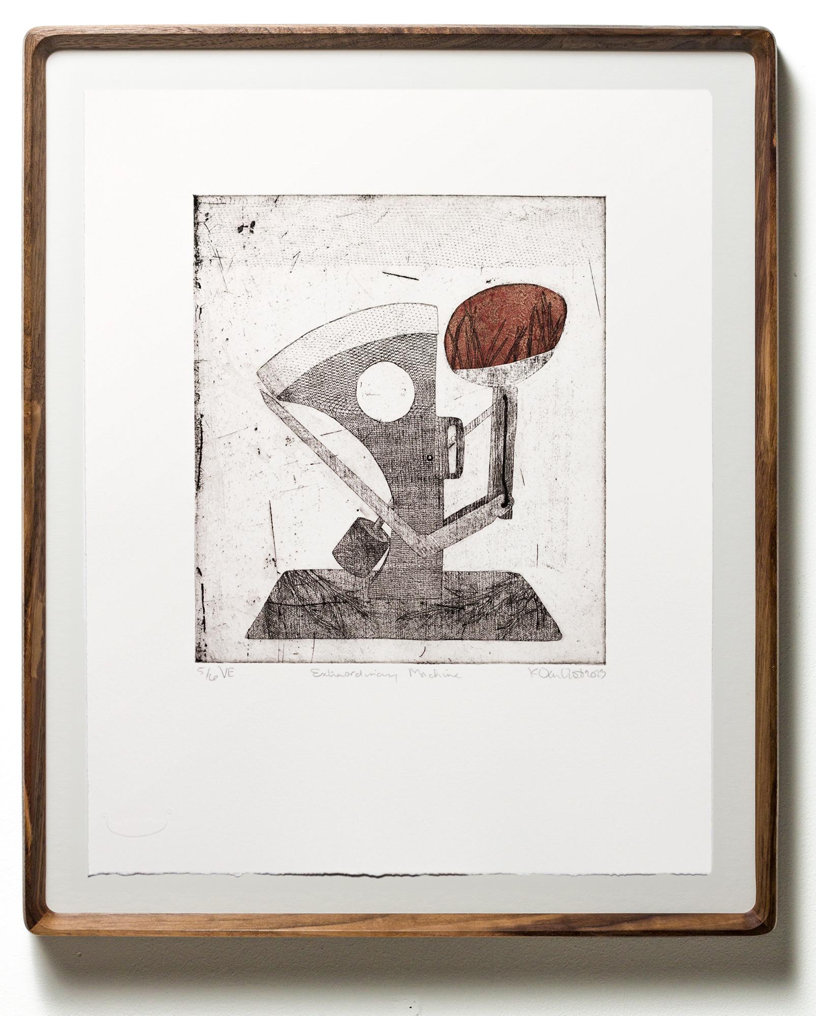 Katie VanVliet Still-Life Print - "Extraordinary Machine VE 5/6" Intaglio, hand colored, Industrial, egg motif