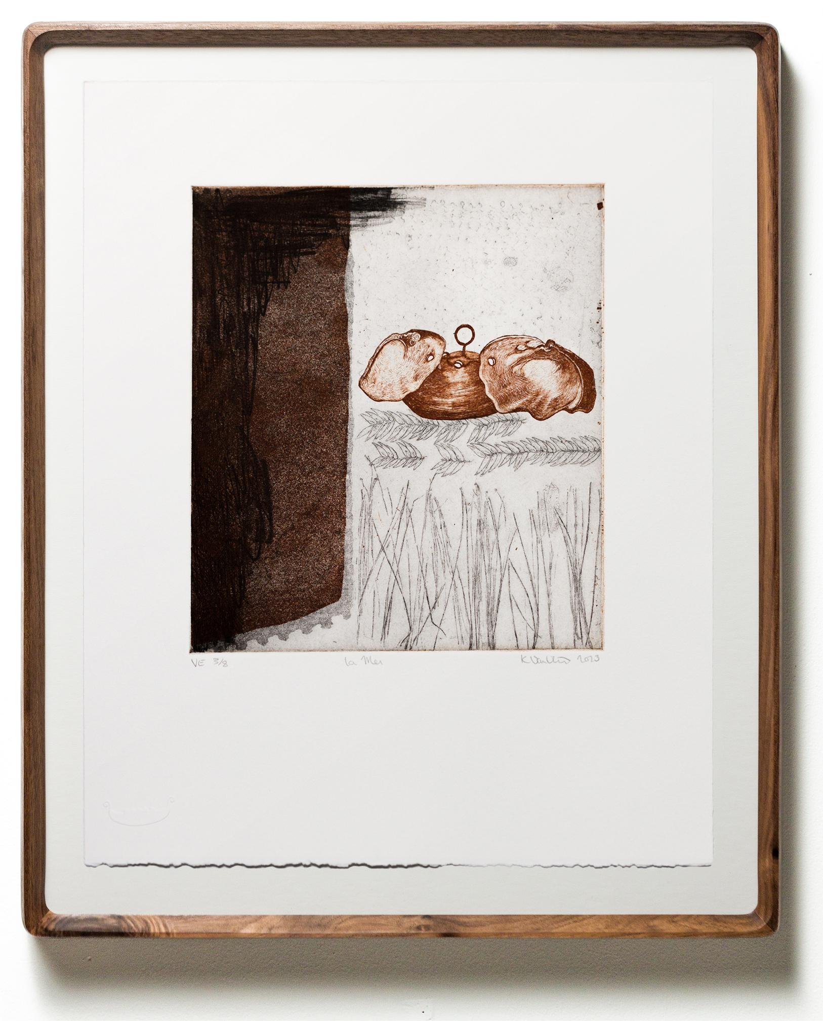 Katie VanVliet Still-Life Print - "La Mer VE 3/8" Intaglio, hand colored, seashell motif
