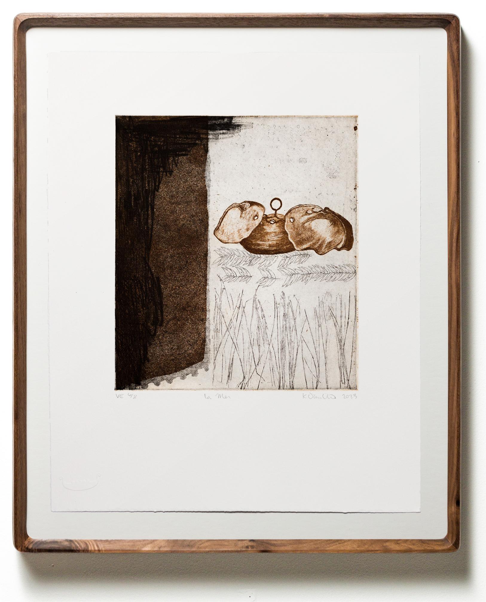 Katie VanVliet Still-Life Print - "La Mer VE 6/8" Intaglio, hand colored, seashell motif
